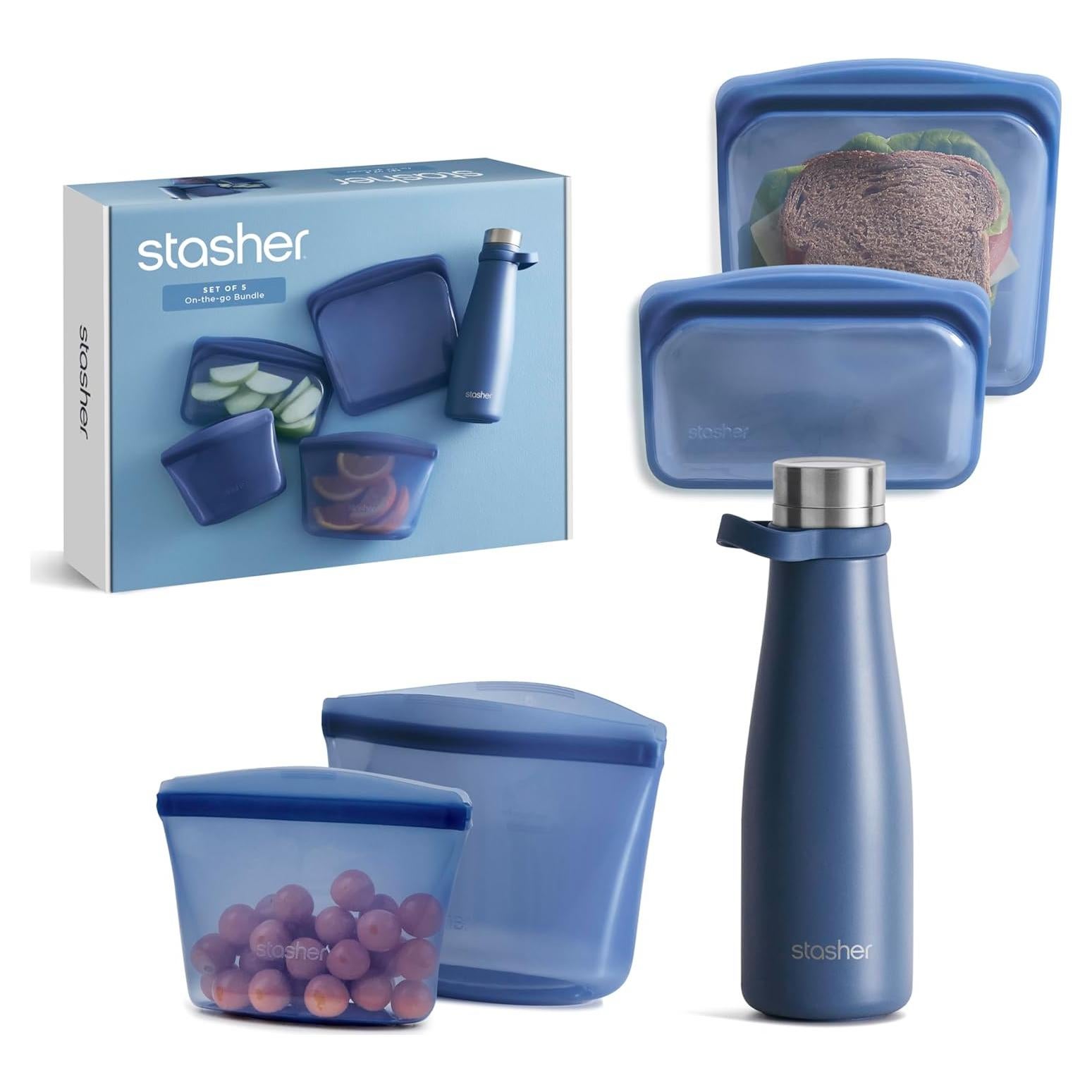 Kit de Inicio Stasher 5 Piezas - Bolsas y Botella Ecológica