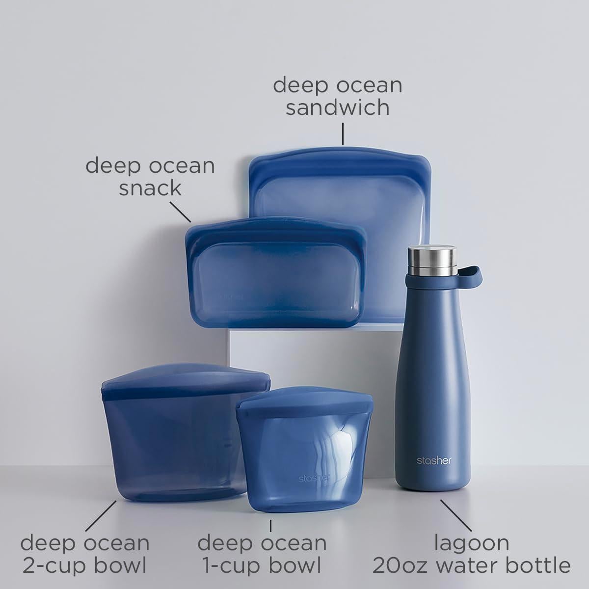 Kit de Inicio Stasher 5 Piezas - Bolsas y Botella Ecológica