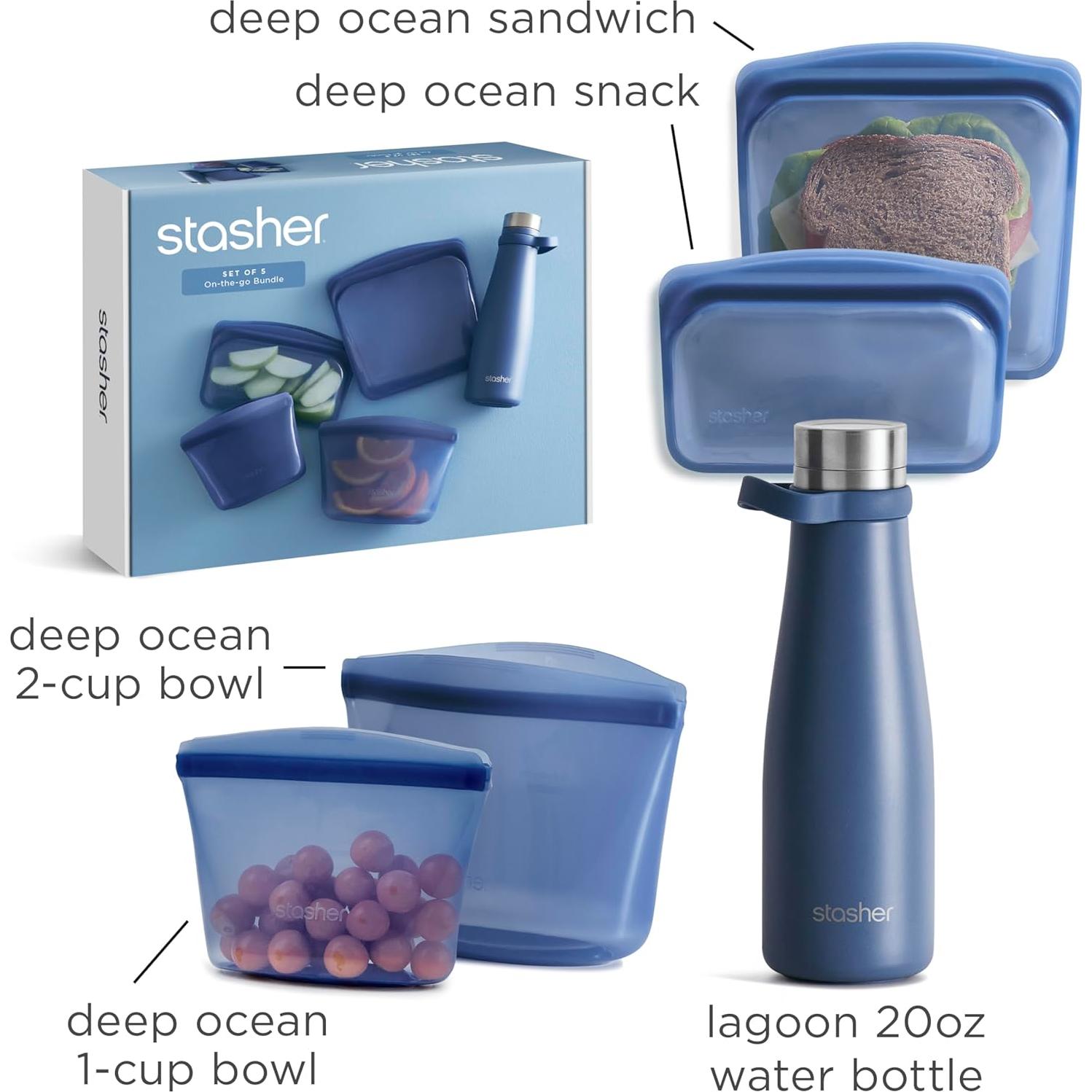 Kit de Inicio Stasher 5 Piezas - Bolsas y Botella Ecológica