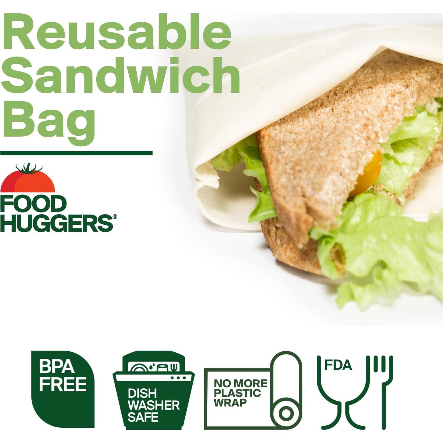Food Huggers Reusable Sandwich Bags - Soft Touch Silicone Fabric, BPA Free, Dishwasher Safe Sandwich Containers - Eco-Friendly Reusable Sandwich Bags for Fresh and Safe Meal Storage (Medium)