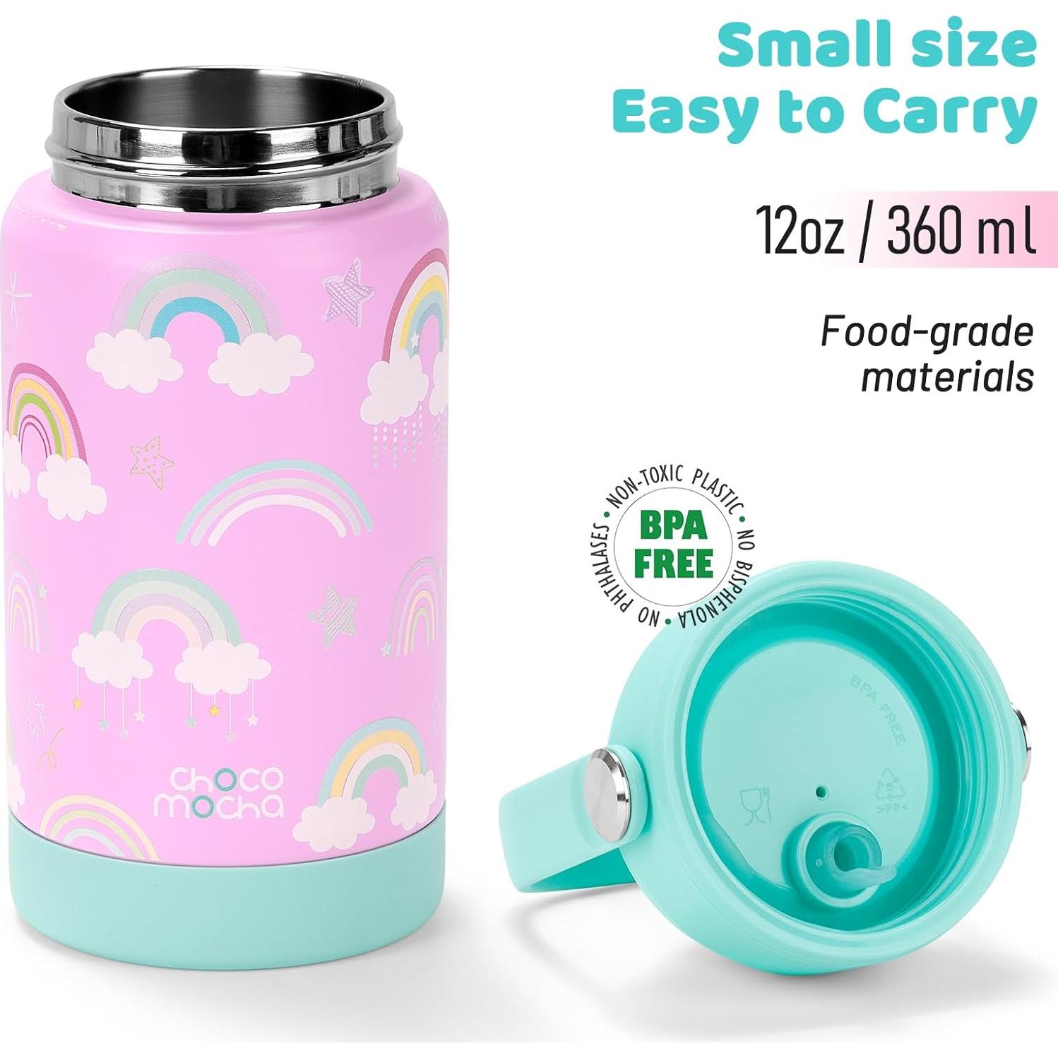 Botella de Agua Aislada Choco Mocha 12Oz (360ml) Niños Rosa Verde