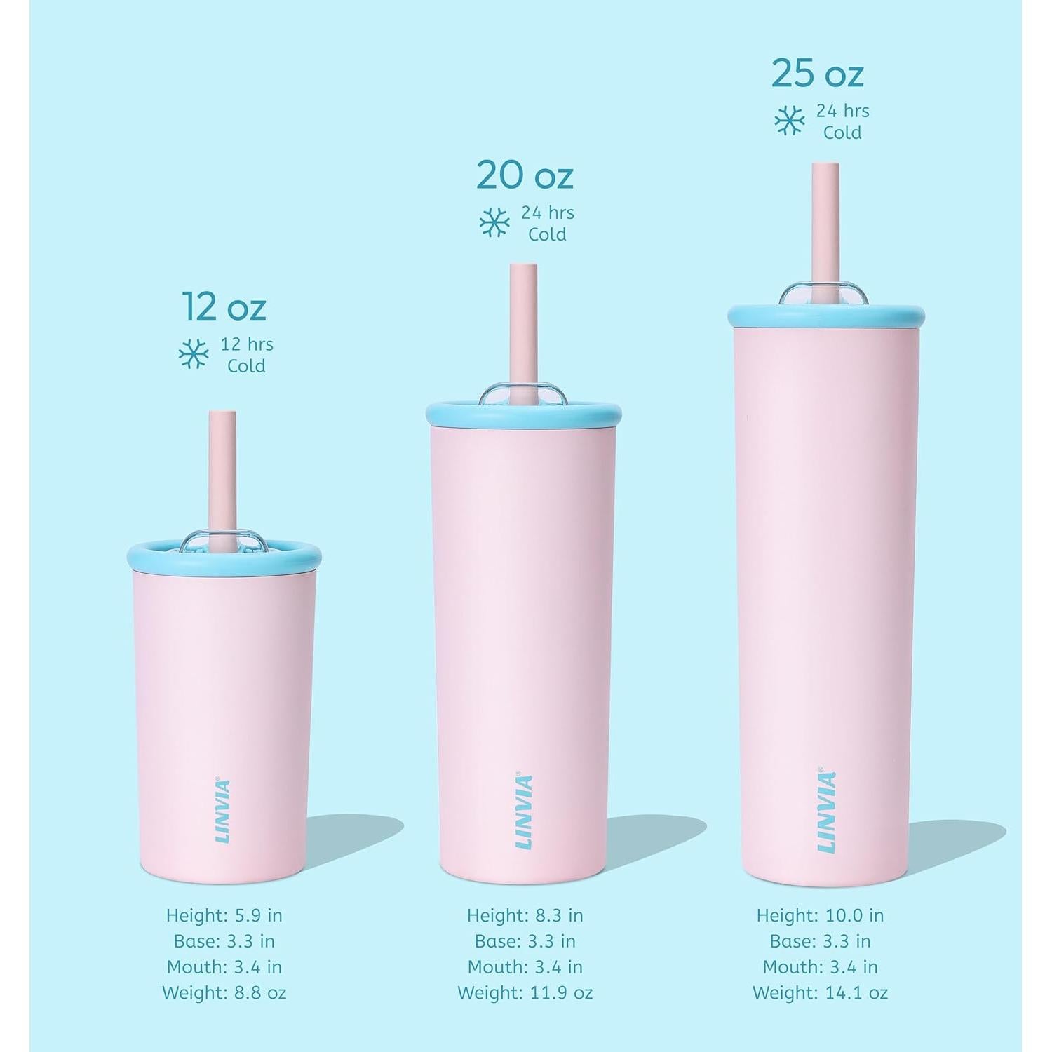 Taza de Agua Aislada LINVIA 25 oz Rosa Pastel con Popote