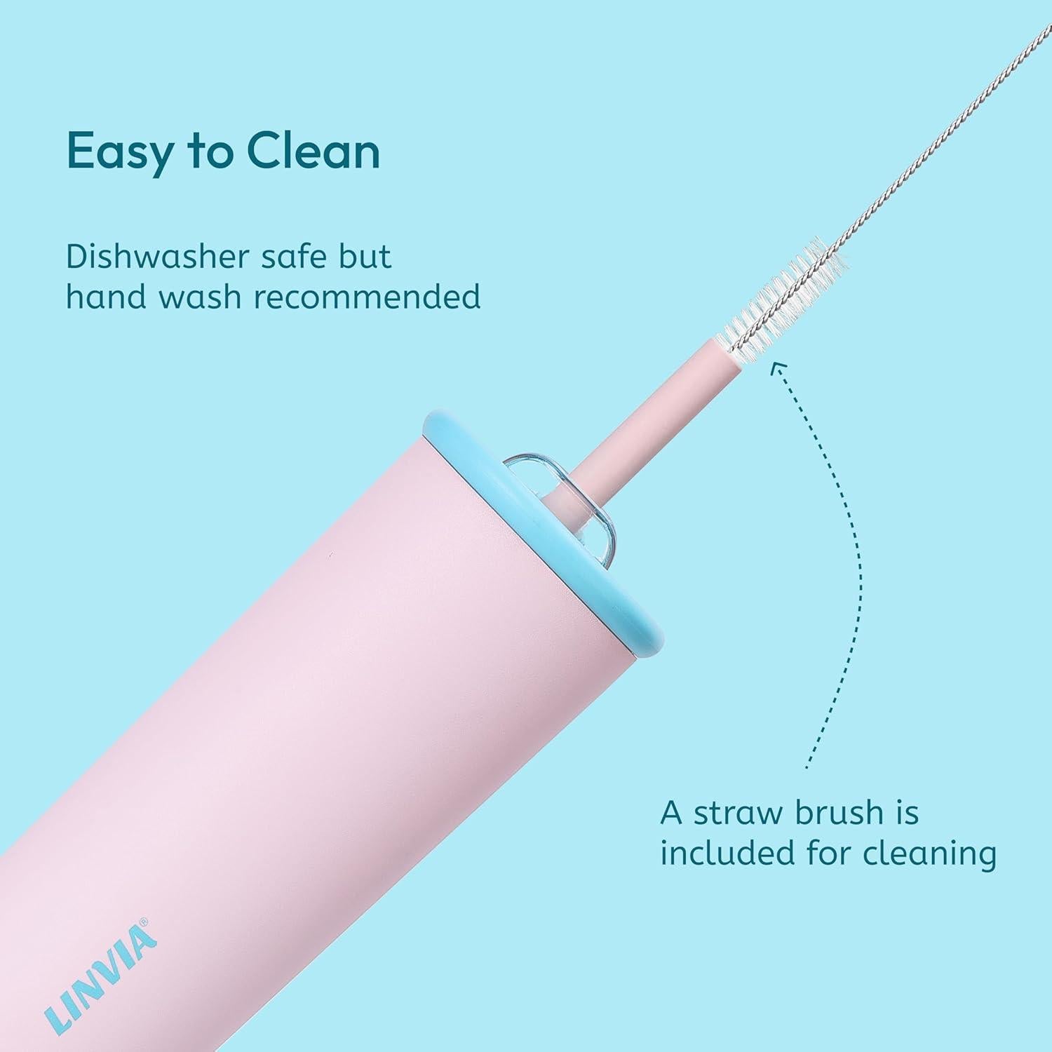 Taza de Agua Aislada LINVIA 25 oz Rosa Pastel con Popote