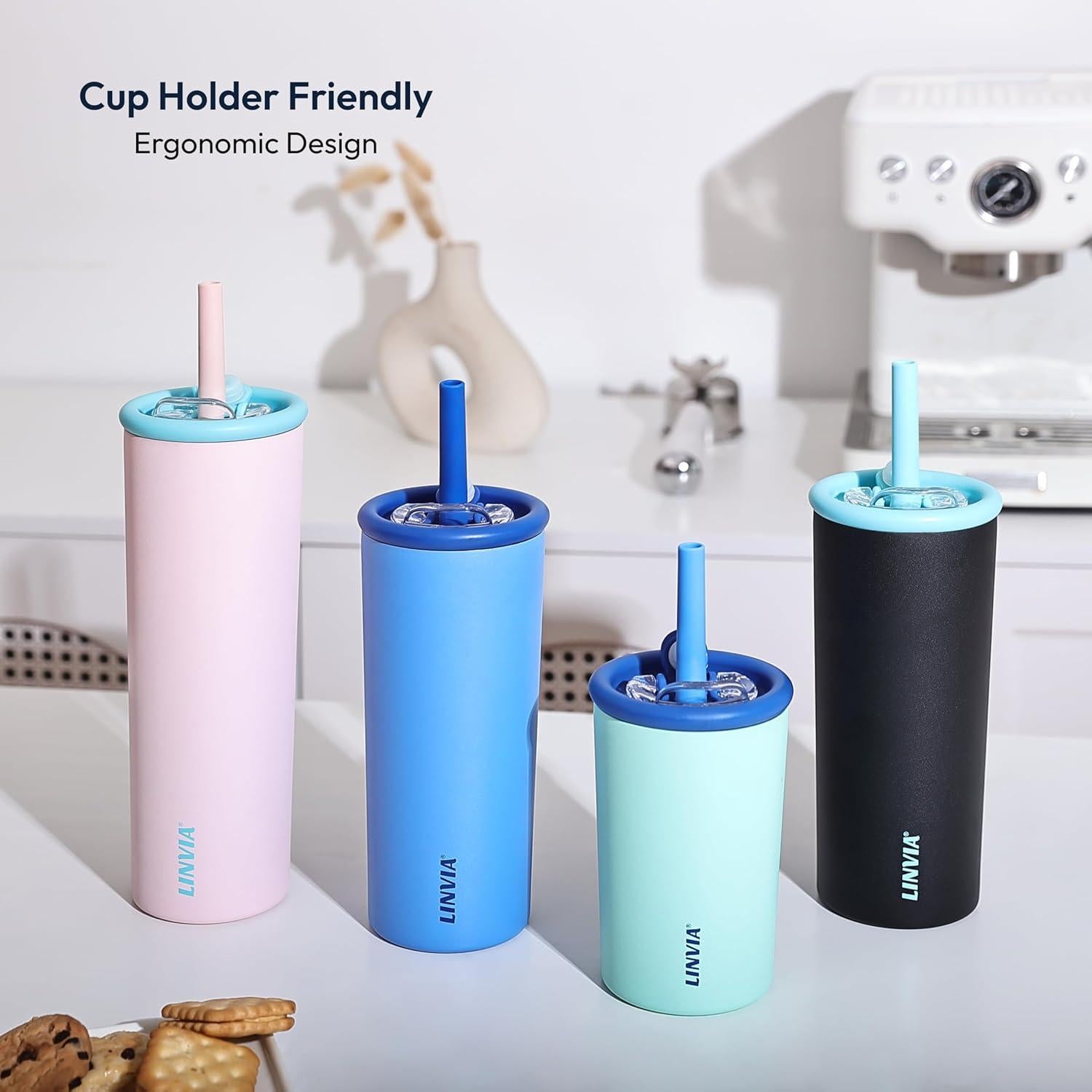 Taza de Agua Aislada LINVIA 25 oz Rosa Pastel con Popote