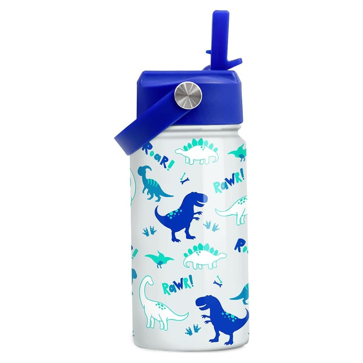 Botella de Agua Aislada SANDJEST 354 ml con Tapa de Popote - Diseño Dinosaurio