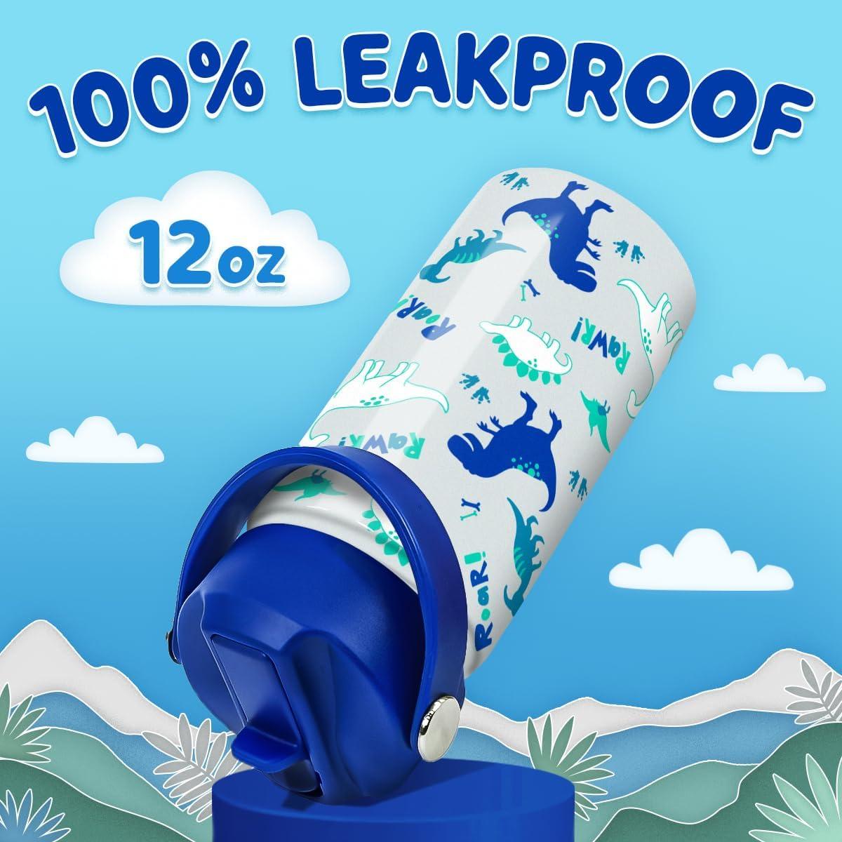 Botella de Agua Aislada SANDJEST 354 ml con Tapa de Popote - Diseño Dinosaurio