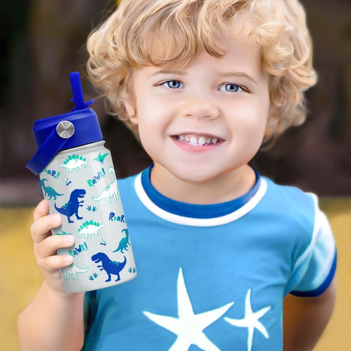 Botella de Agua Aislada SANDJEST 354 ml con Tapa de Popote - Diseño Dinosaurio