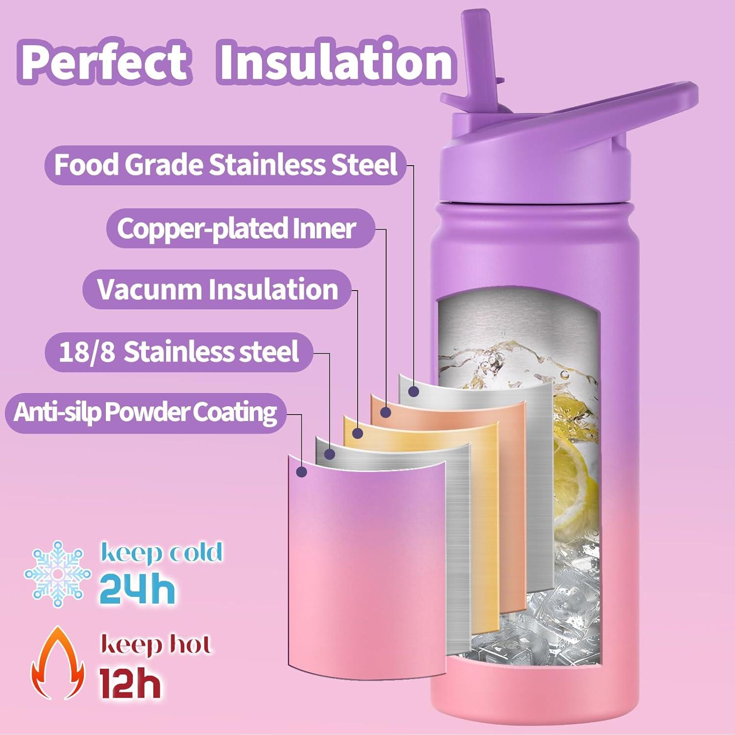 Botella de Agua Aislada Mininoo 0.47L para Niños con Pajita