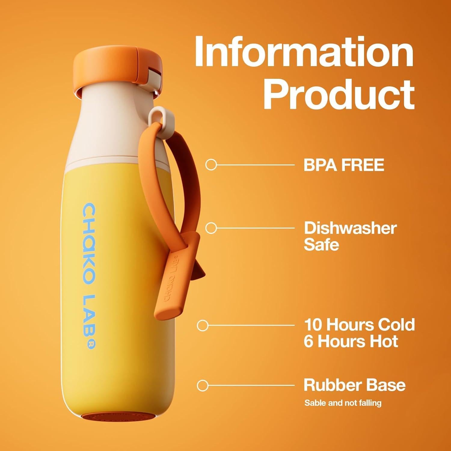 Botella de Agua Aislada CHAKO LAB 0.5L Acero Inoxidable Naranja