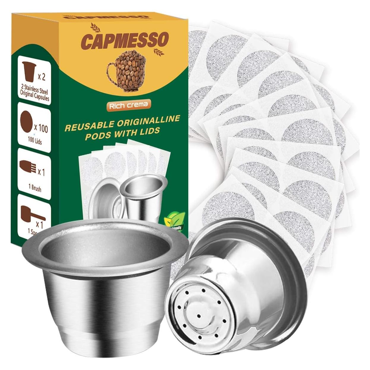 Cápsulas Reutilizables CAPMESSO para Nespresso OriginalLine - 2 Unidades + 100 Tapas