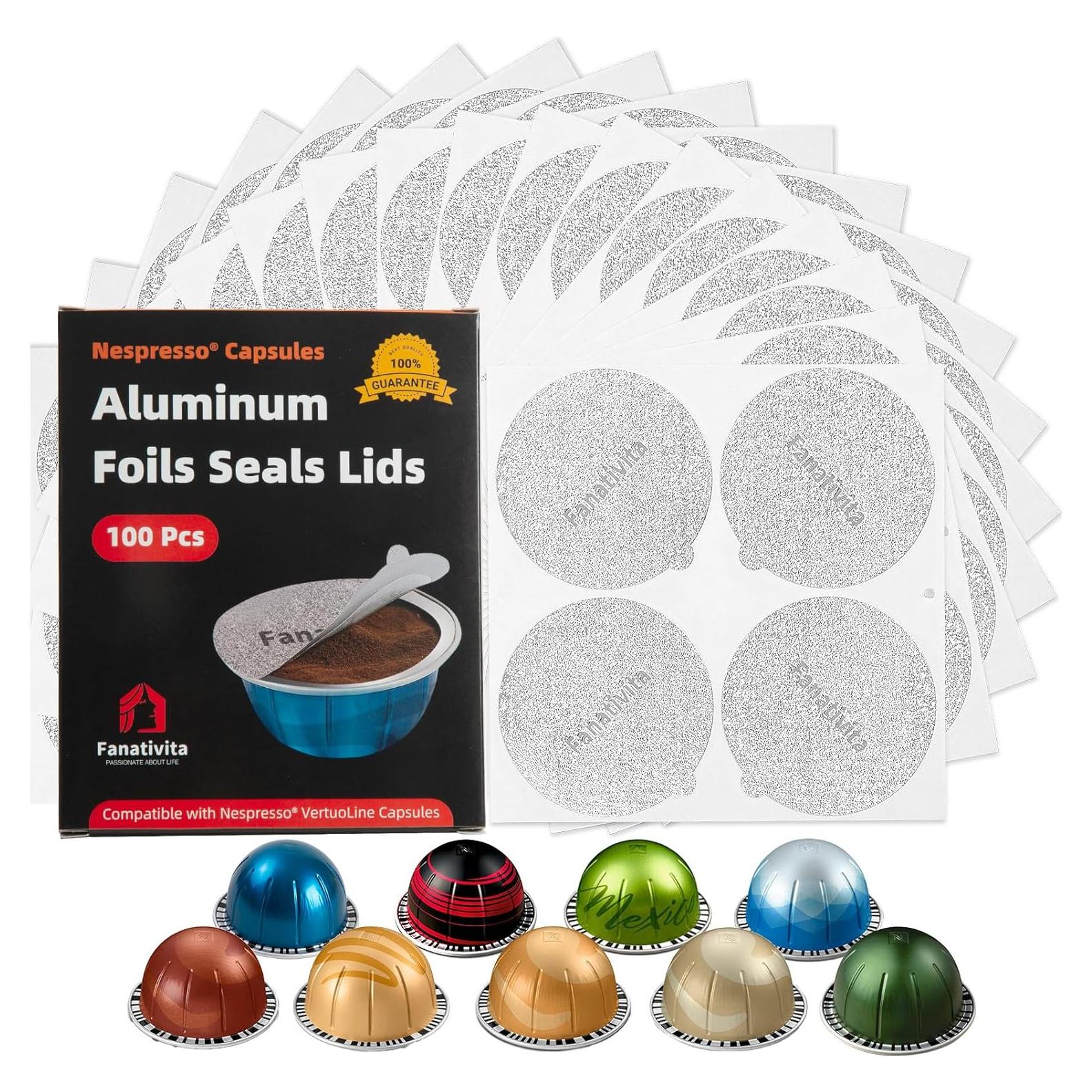 Tapas de Sellado de Aluminio Fanativita para Cápsulas Nespresso Vertuo - 100 Piezas