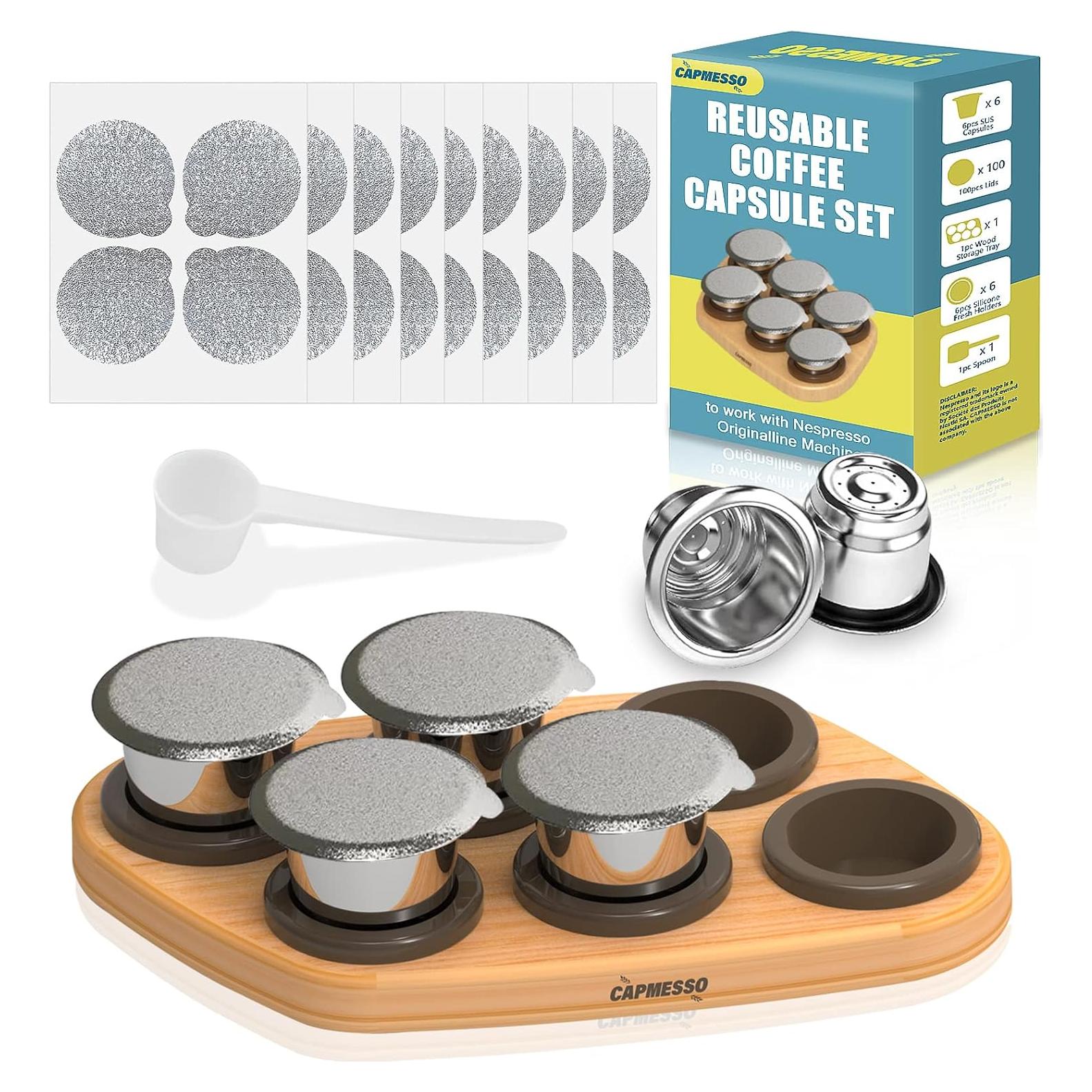 Cápsulas Reutilizables de Acero Inoxidable CAPMESSO para Nespresso OriginalLine - 6 Pcs + 100 Tapas + Bandeja de Madera