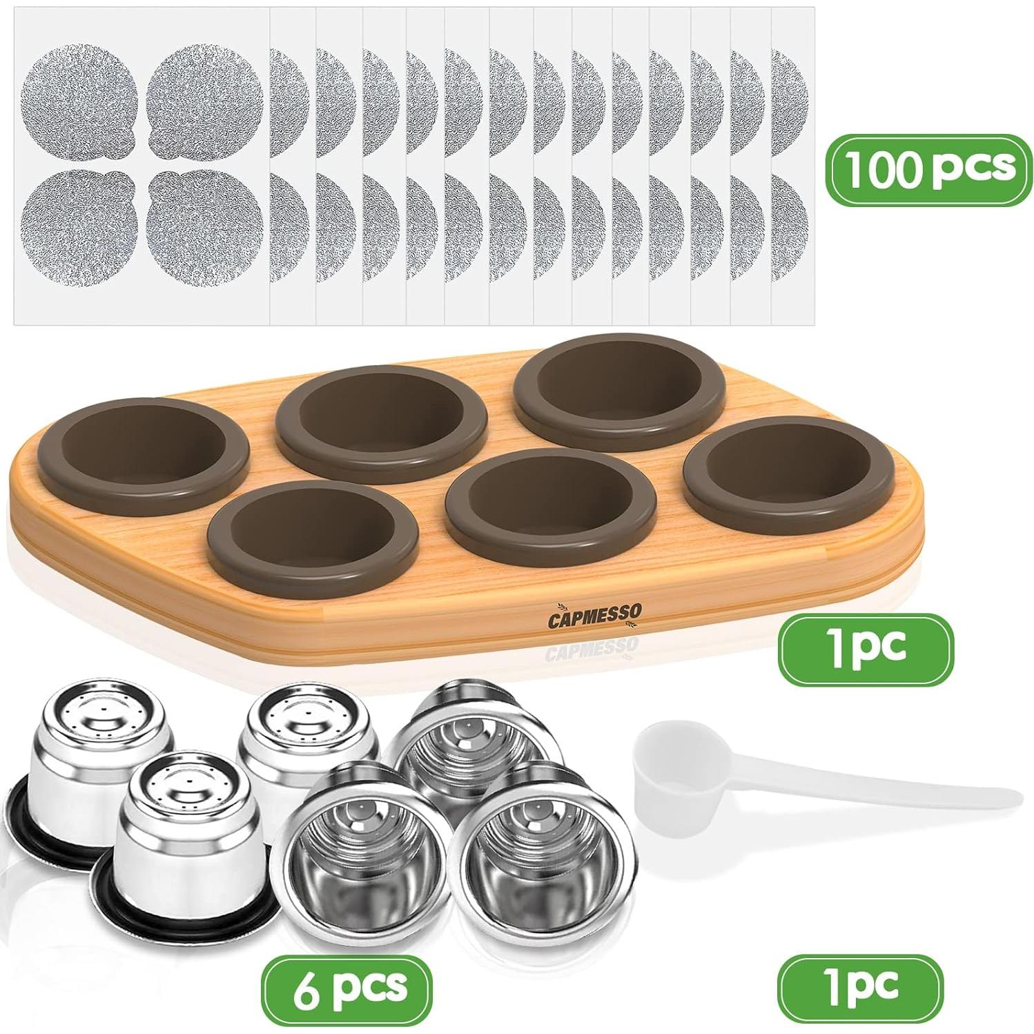 Cápsulas Reutilizables de Acero Inoxidable CAPMESSO para Nespresso OriginalLine - 6 Pcs + 100 Tapas + Bandeja de Madera
