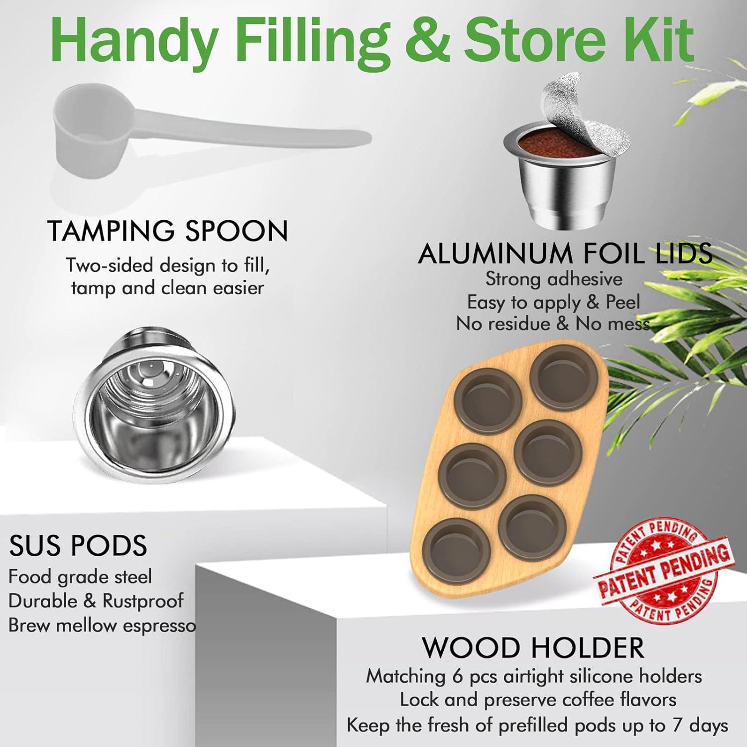 Cápsulas Reutilizables de Acero Inoxidable CAPMESSO para Nespresso OriginalLine - 6 Pcs + 100 Tapas + Bandeja de Madera