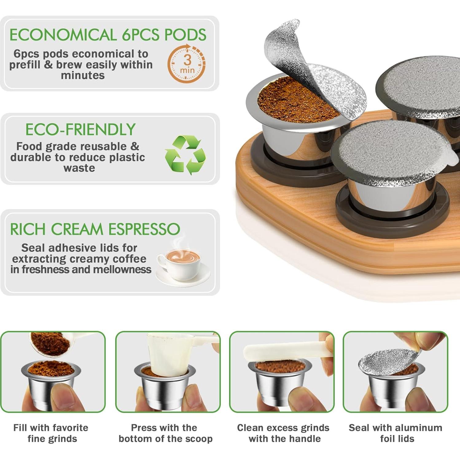 Cápsulas Reutilizables de Acero Inoxidable CAPMESSO para Nespresso OriginalLine - 6 Pcs + 100 Tapas + Bandeja de Madera