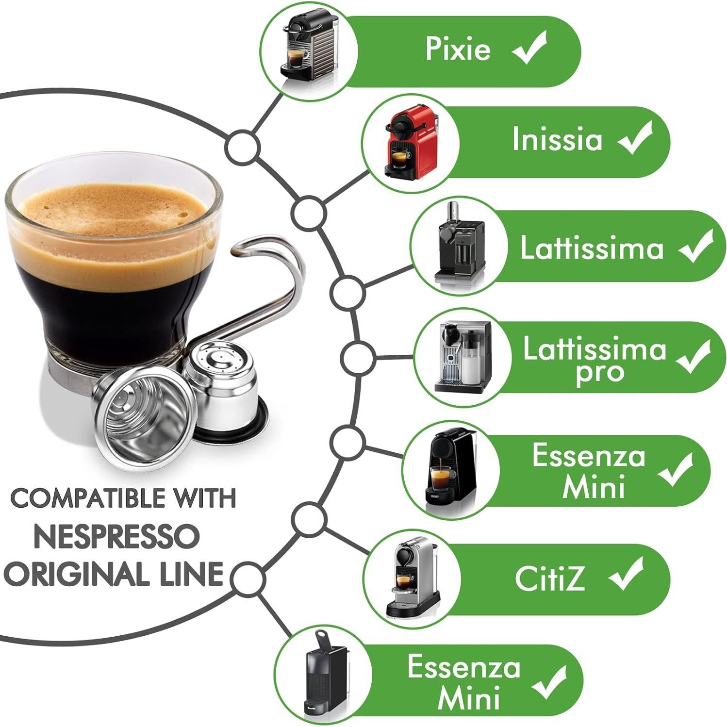 Cápsulas Reutilizables de Acero Inoxidable CAPMESSO para Nespresso OriginalLine - 6 Pcs + 100 Tapas + Bandeja de Madera