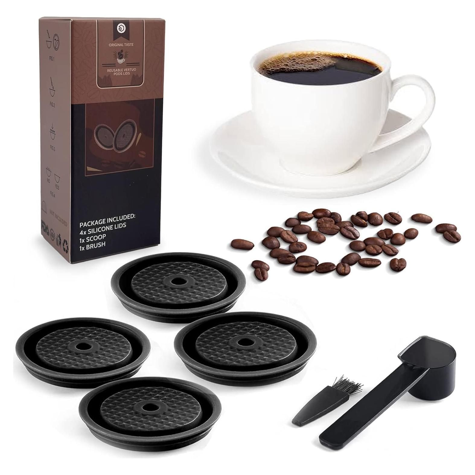 Reusable Coffee Capsule Lids for Original Nespresso Pods Vertuoline, Food Grade Silicone Caps for Any Sizes of Reusable Nespresso Refillable Capsule with Scoop and Brush (Black)