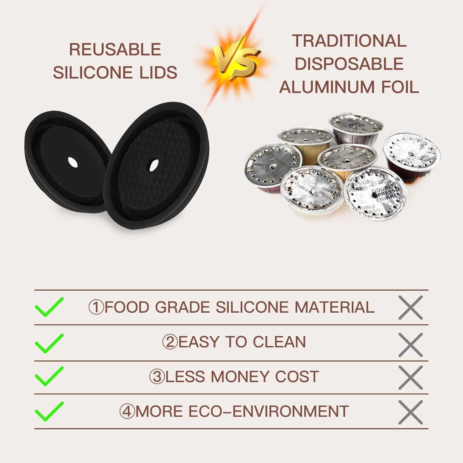 Reusable Coffee Capsule Lids for Original Nespresso Pods Vertuoline, Food Grade Silicone Caps for Any Sizes of Reusable Nespresso Refillable Capsule with Scoop and Brush (Black)