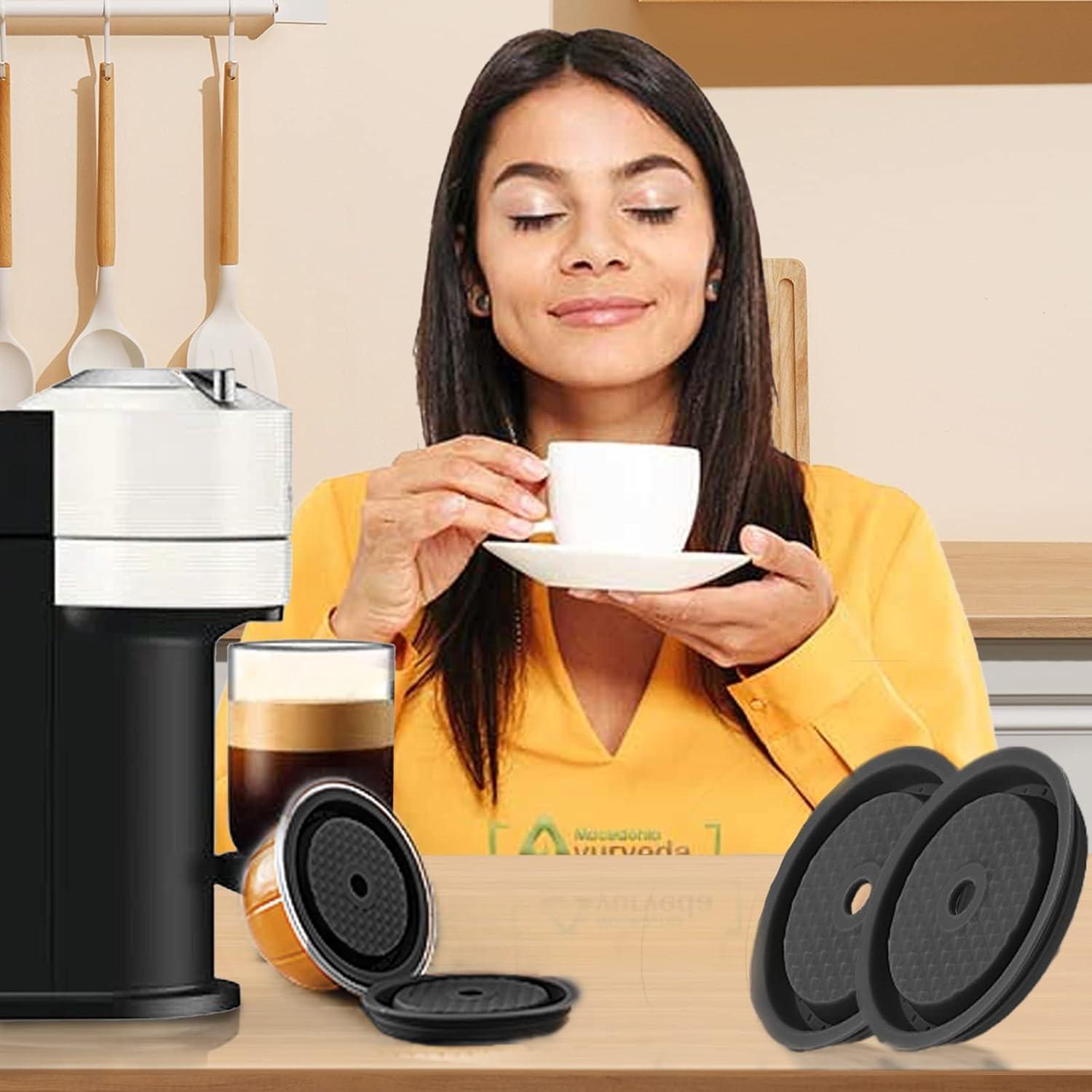 Reusable Coffee Capsule Lids for Original Nespresso Pods Vertuoline, Food Grade Silicone Caps for Any Sizes of Reusable Nespresso Refillable Capsule with Scoop and Brush (Black)