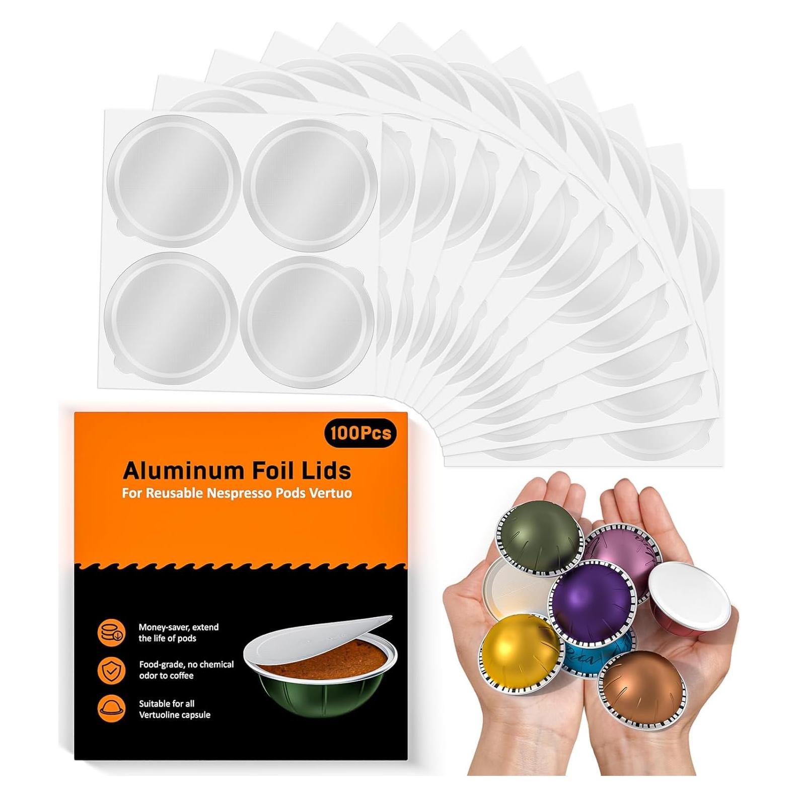 Tapas de Aluminio NESSUS para Cápsulas Reutilizables Nespresso Vertuo - 100 Piezas