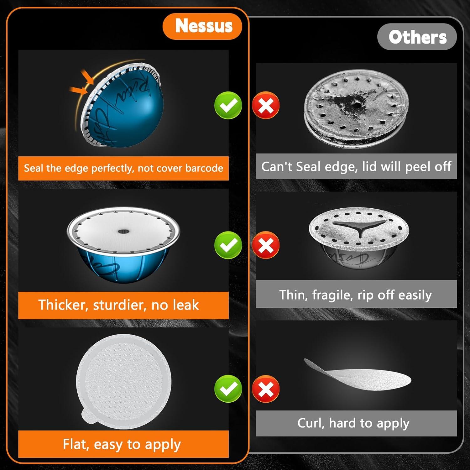 Tapas de Aluminio NESSUS para Cápsulas Reutilizables Nespresso Vertuo - 100 Piezas