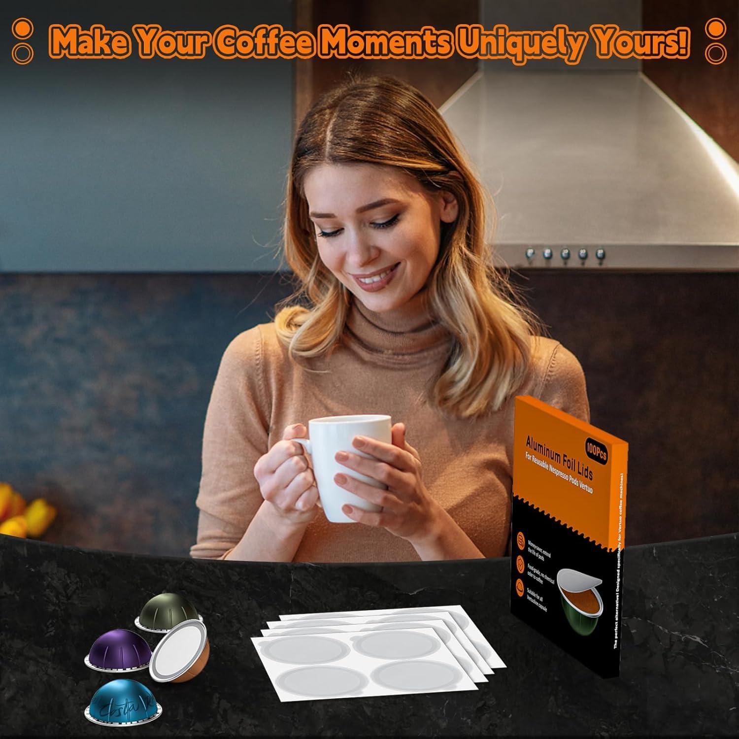 Tapas de Aluminio NESSUS para Cápsulas Reutilizables Nespresso Vertuo - 100 Piezas