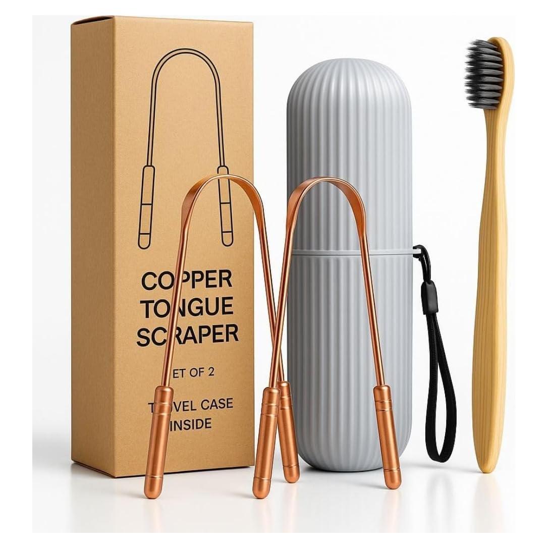 Juego de Raspadores de Lengua Cobre Puro + Cepillo Bambú