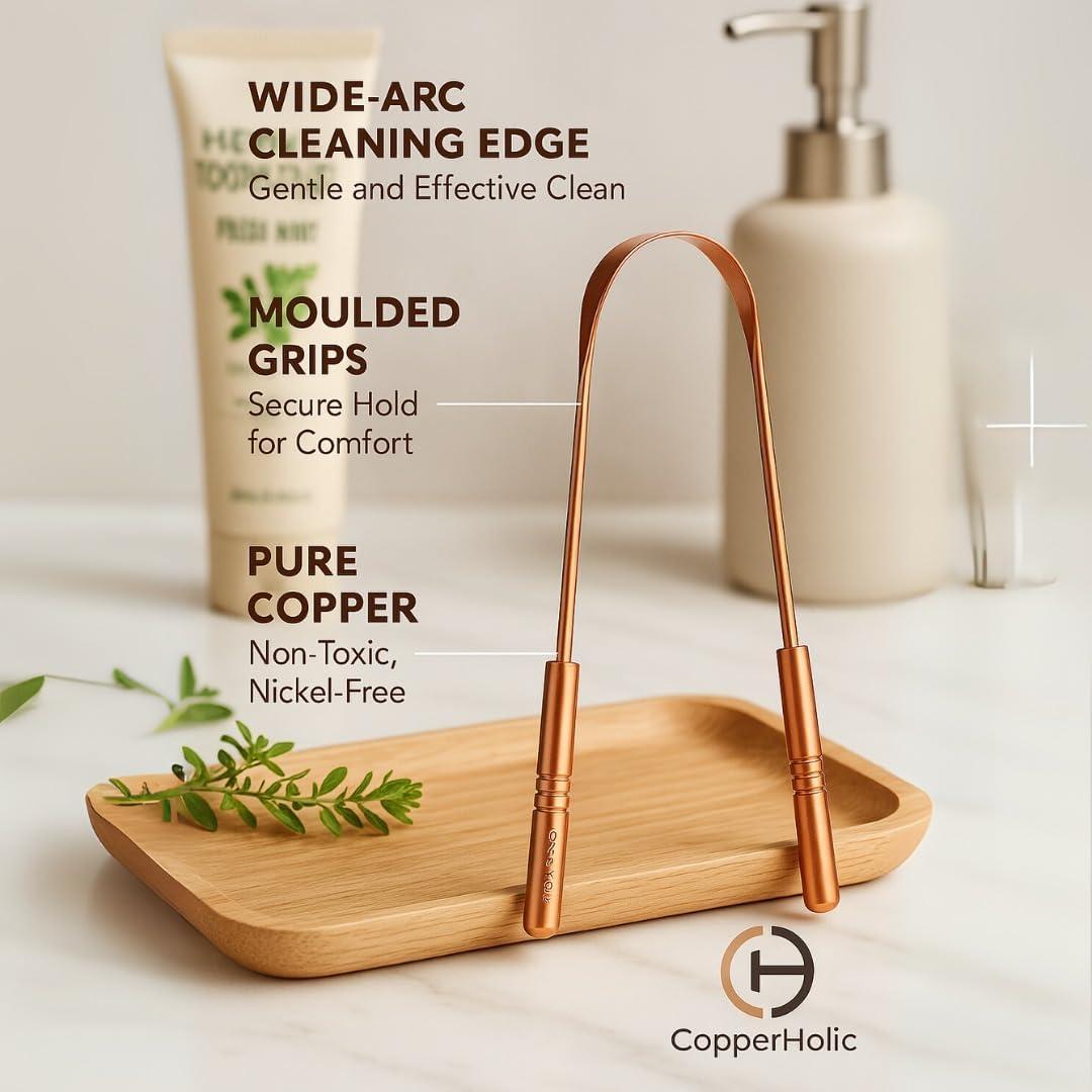 Juego de Raspadores de Lengua Cobre Puro + Cepillo Bambú