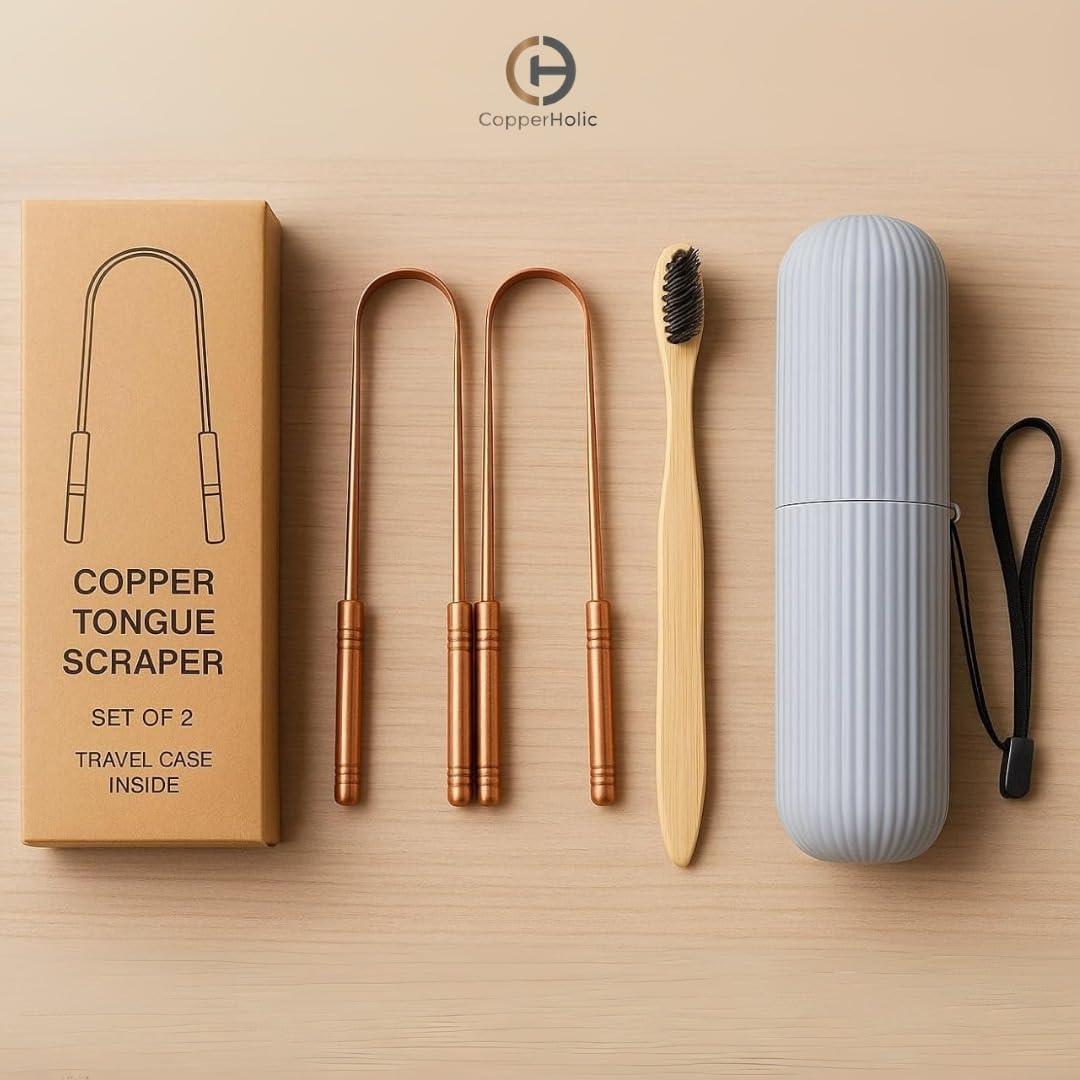 Juego de Raspadores de Lengua Cobre Puro + Cepillo Bambú