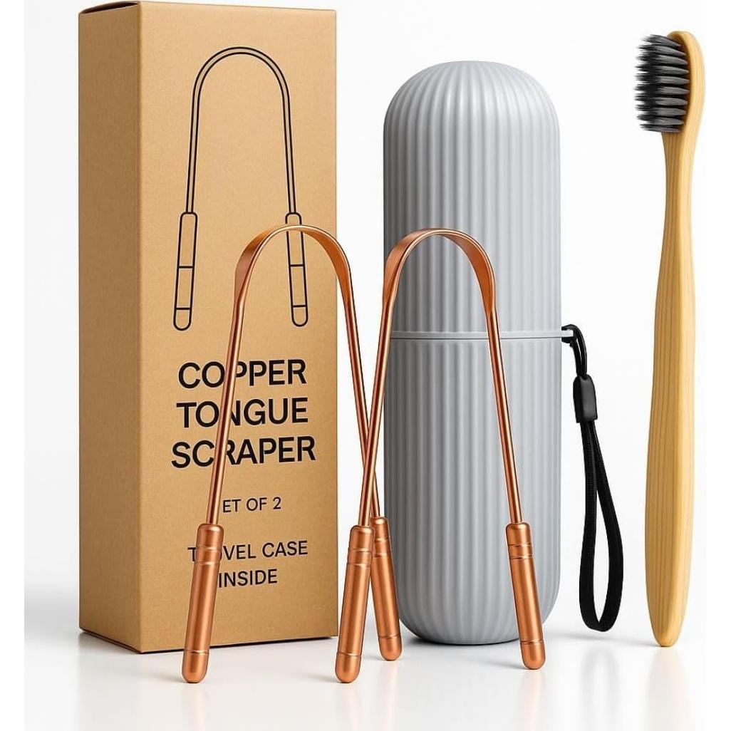 Juego de Raspadores de Lengua Cobre Puro + Cepillo Bambú
