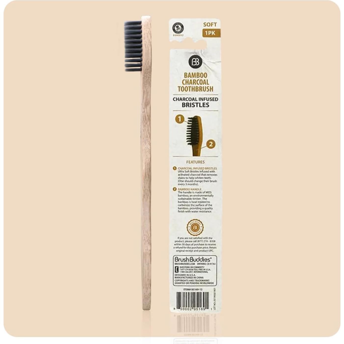 Brush Buddies Bamboo Charcoal Toothbrush | Human-Powered Manual Toothbrush | Eco-Friendly, Soft Bristles | Naturally Infused for Sensitive Teeth, Bad Breath & Stain Removal