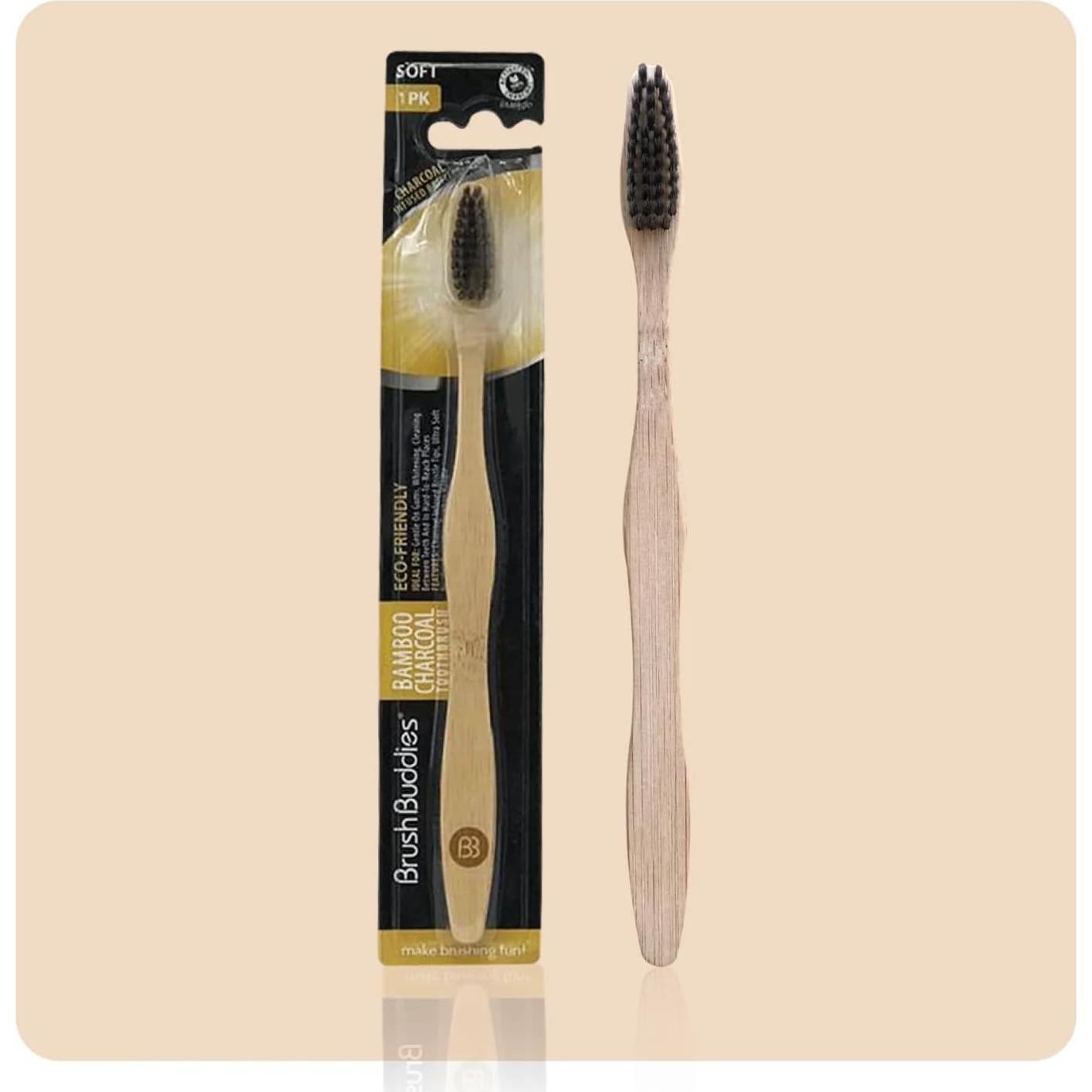 Brush Buddies Bamboo Charcoal Toothbrush | Human-Powered Manual Toothbrush | Eco-Friendly, Soft Bristles | Naturally Infused for Sensitive Teeth, Bad Breath & Stain Removal