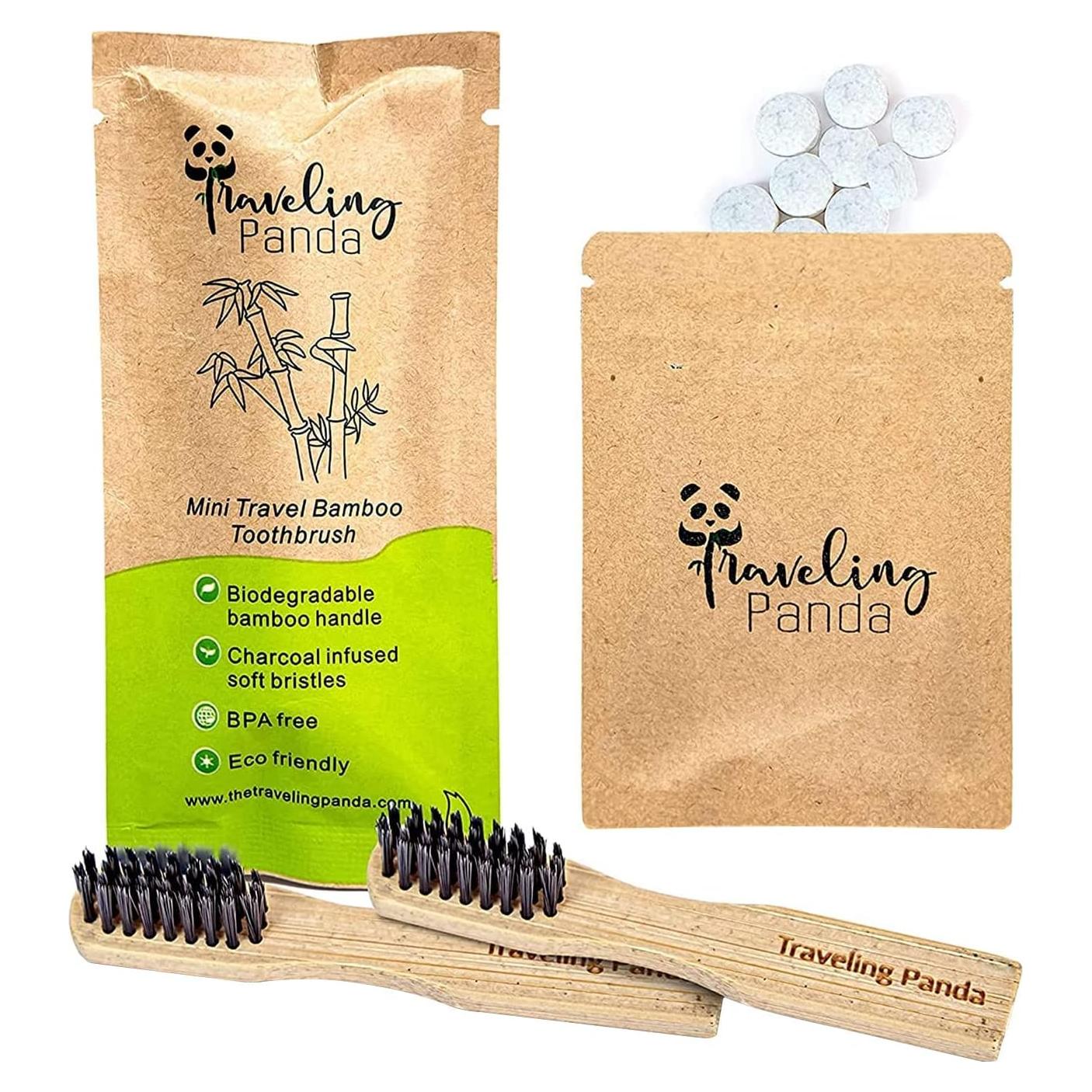 Kit de Cepillo de Dientes de Bambú de Viaje con 2 Cepillos y 20 Tabletas de Menta