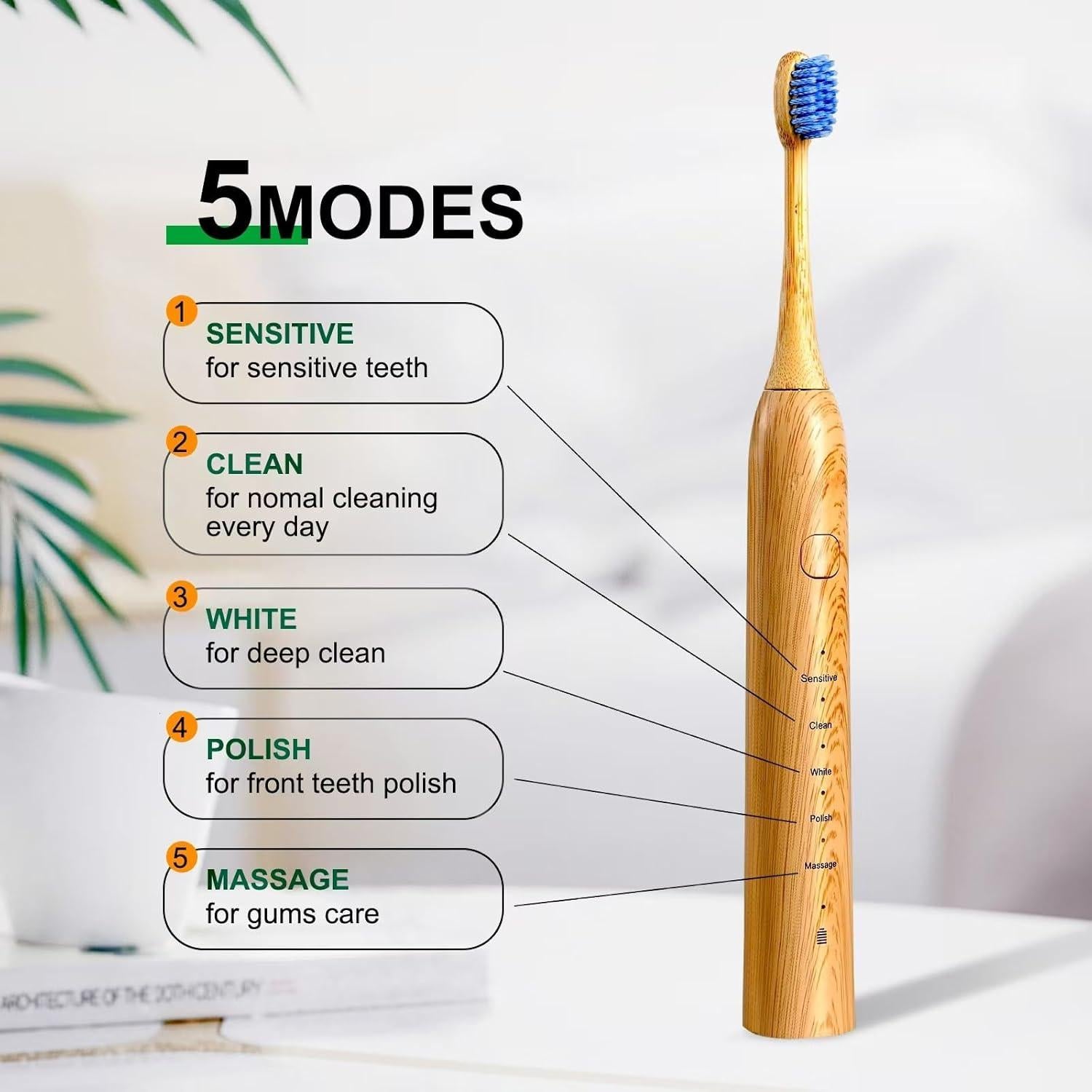 Cepillo de Dientes Eléctrico Sonic de Bambú MgcSto - 5 Modos