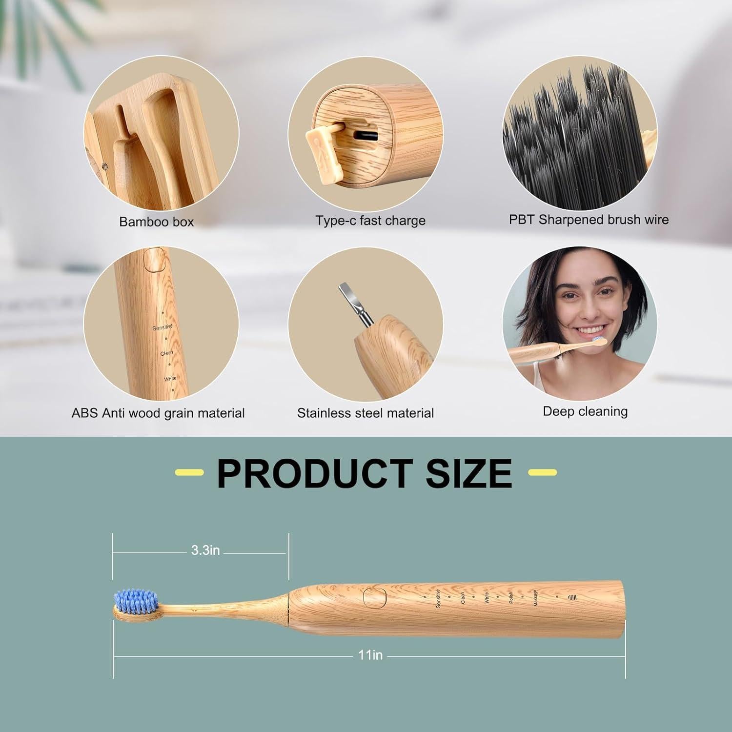 Cepillo de Dientes Eléctrico Sonic de Bambú MgcSto - 5 Modos