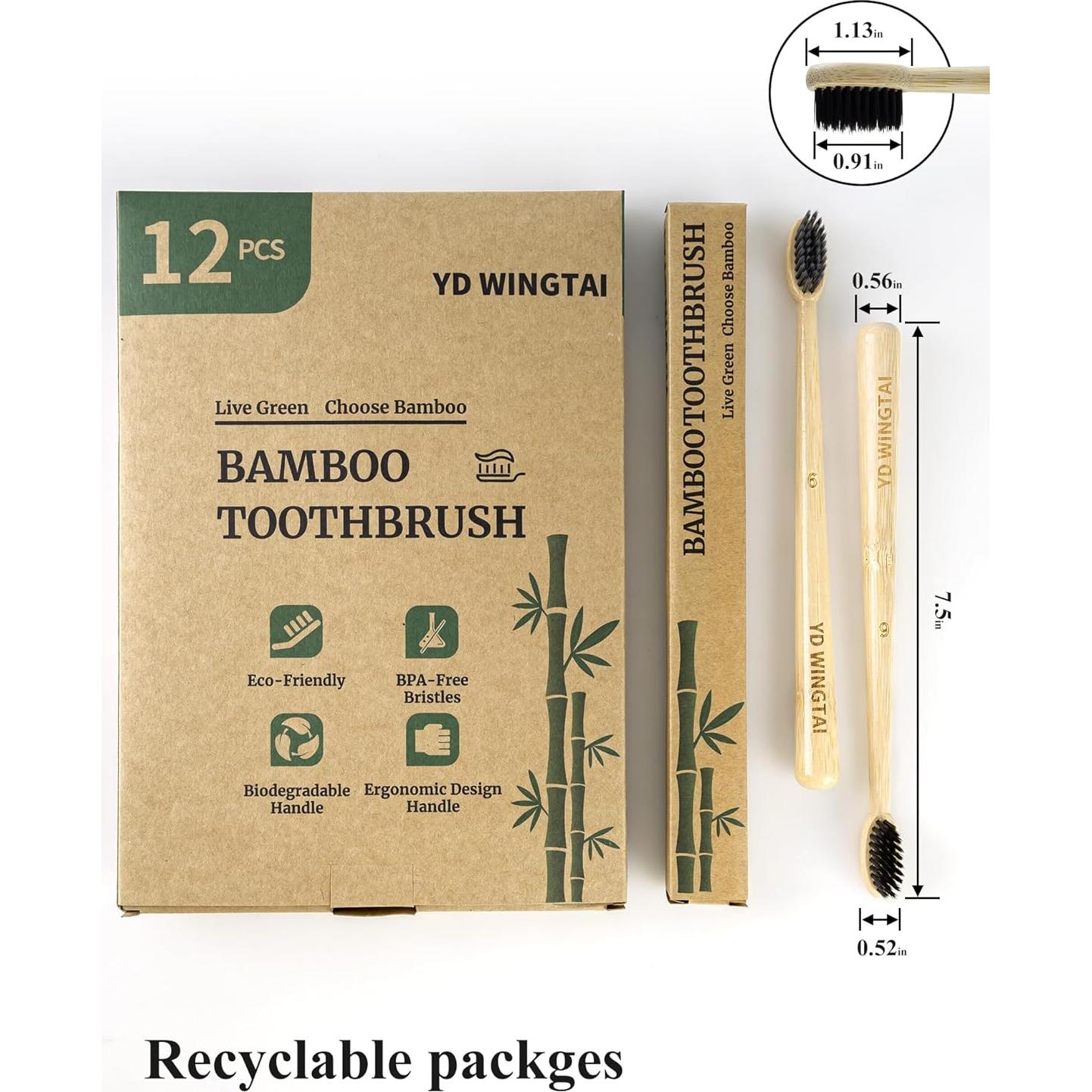 Cepillos de Dientes de Bambú YD WINGTAI Paquete de 12 Biodegradables