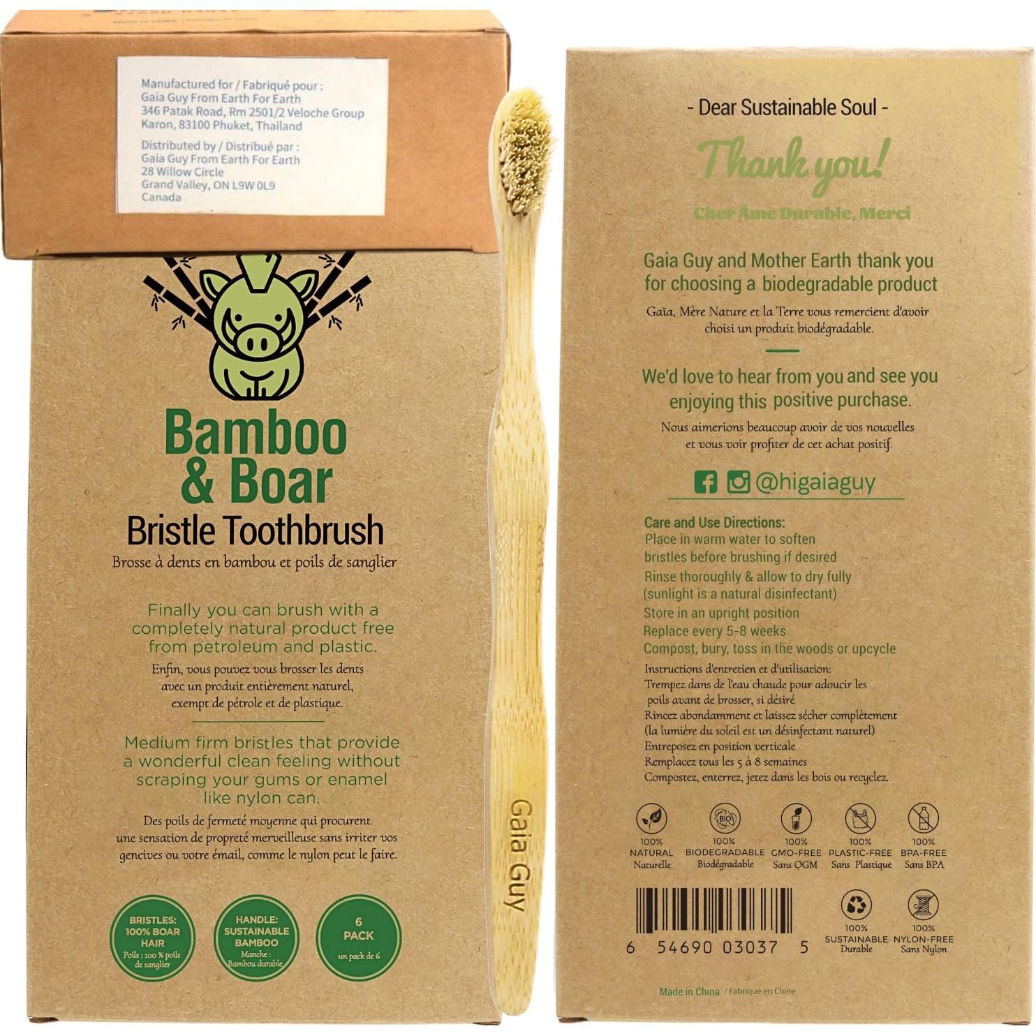 Cepillo de Dientes de Bambú Gaia Guy - Cerdas Naturales - Paquete de 12