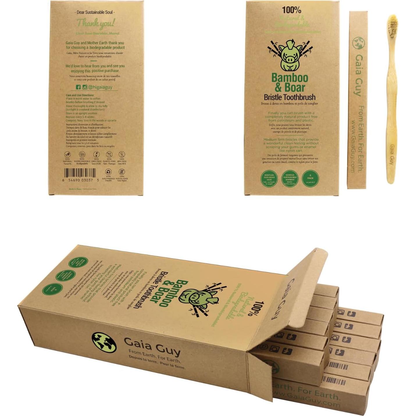 Cepillo de Dientes de Bambú Gaia Guy - Cerdas Naturales - Paquete de 12