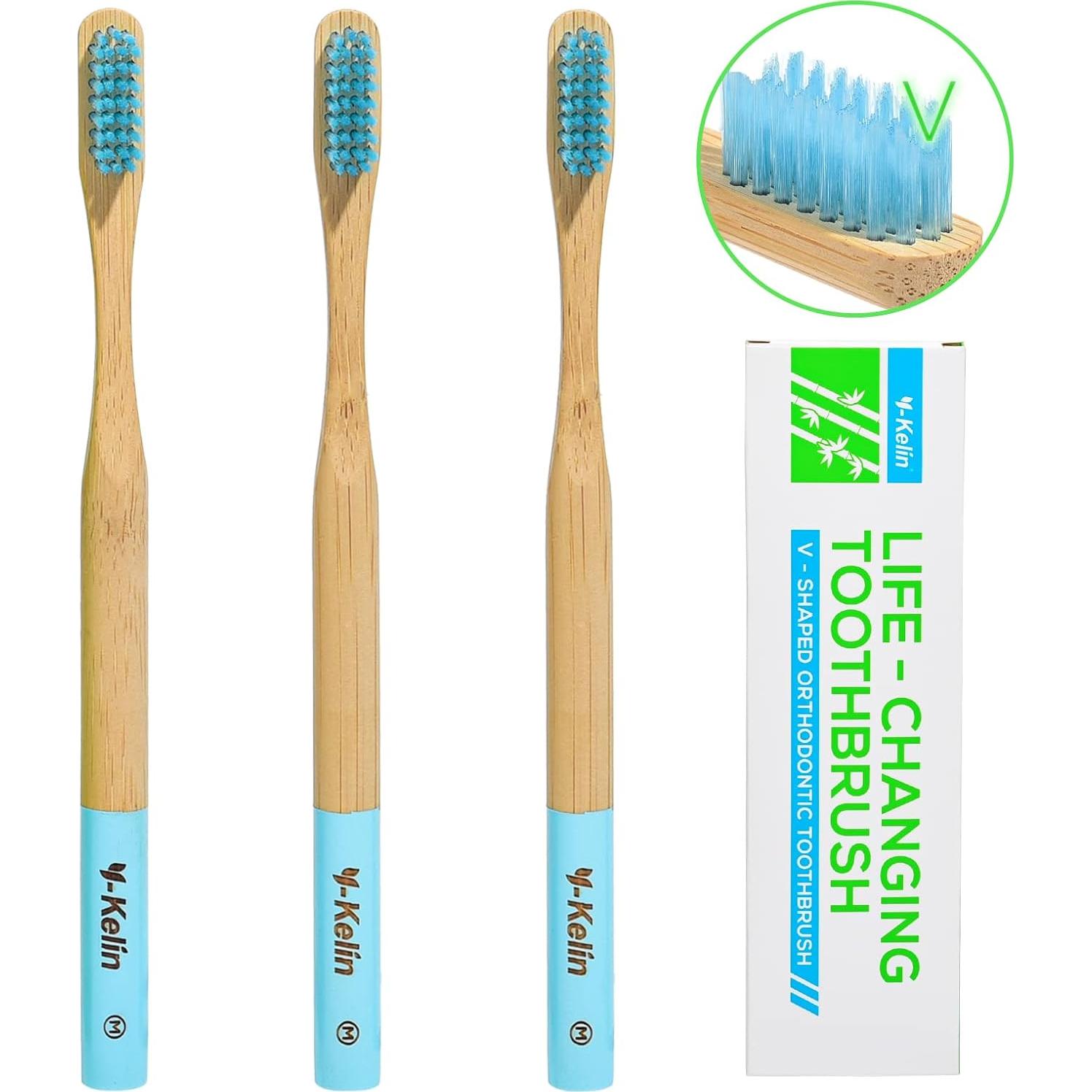 Cepillo de Dientes Ortodóntico Y-Kelin de Bambú 3 Piezas Cerdas Suaves