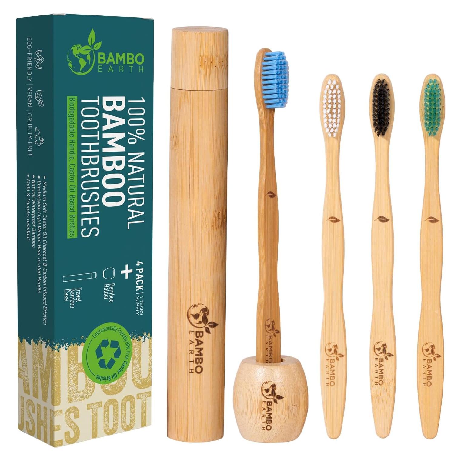 Set de 4 Cepillos de Dientes de Bambú BAMBOEARTH - Ecológicos