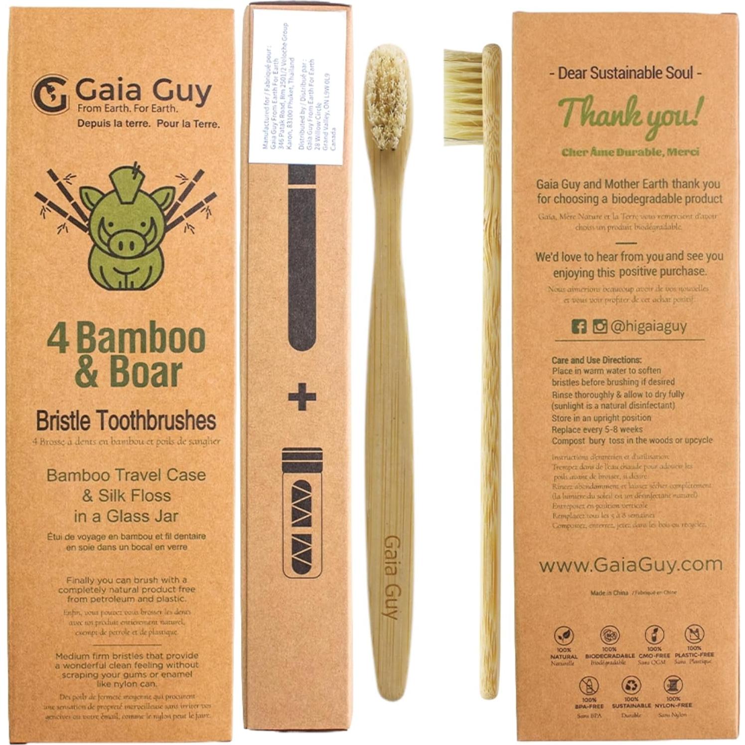 Set Dental Ecológico Gaia Guy: 4 Cepillos Bambú + Hilo Seda