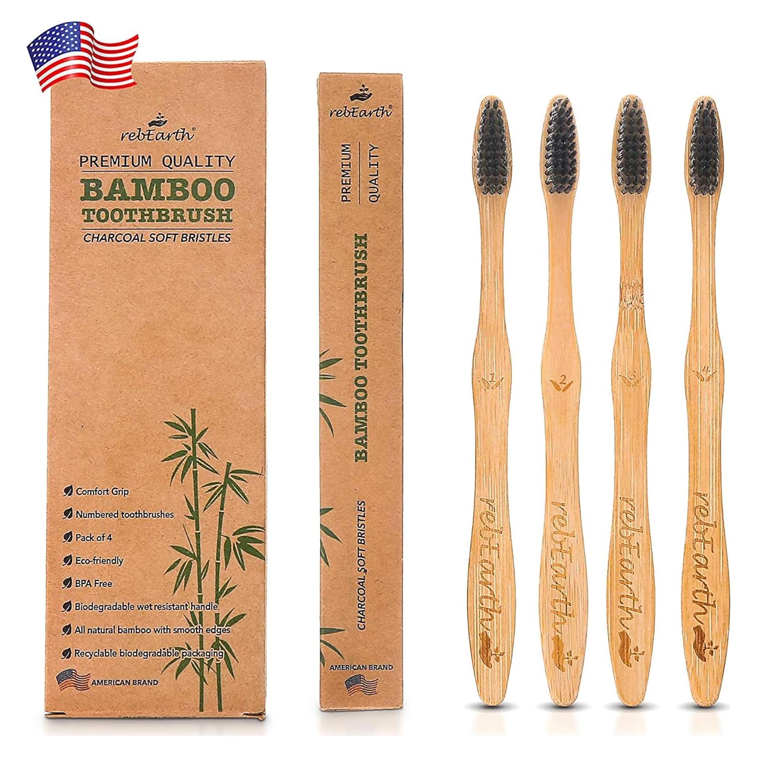 Juego de 4 cepillos de dientes de bambú rebEarth | Cerdas suaves