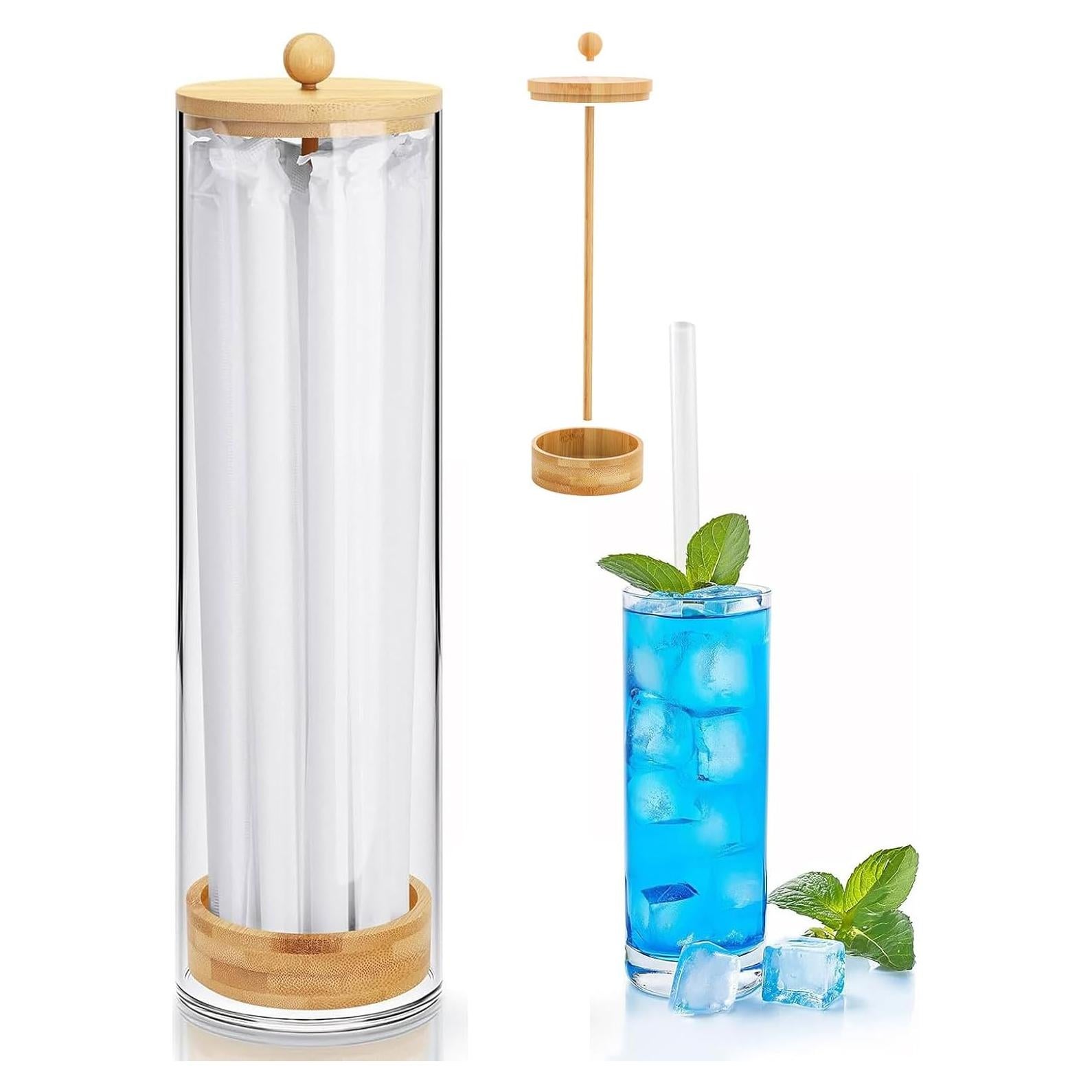 Dispensador de Pajitas Acrílico JYPS 33x8.9x8.9 cm con Tapa de Bambú