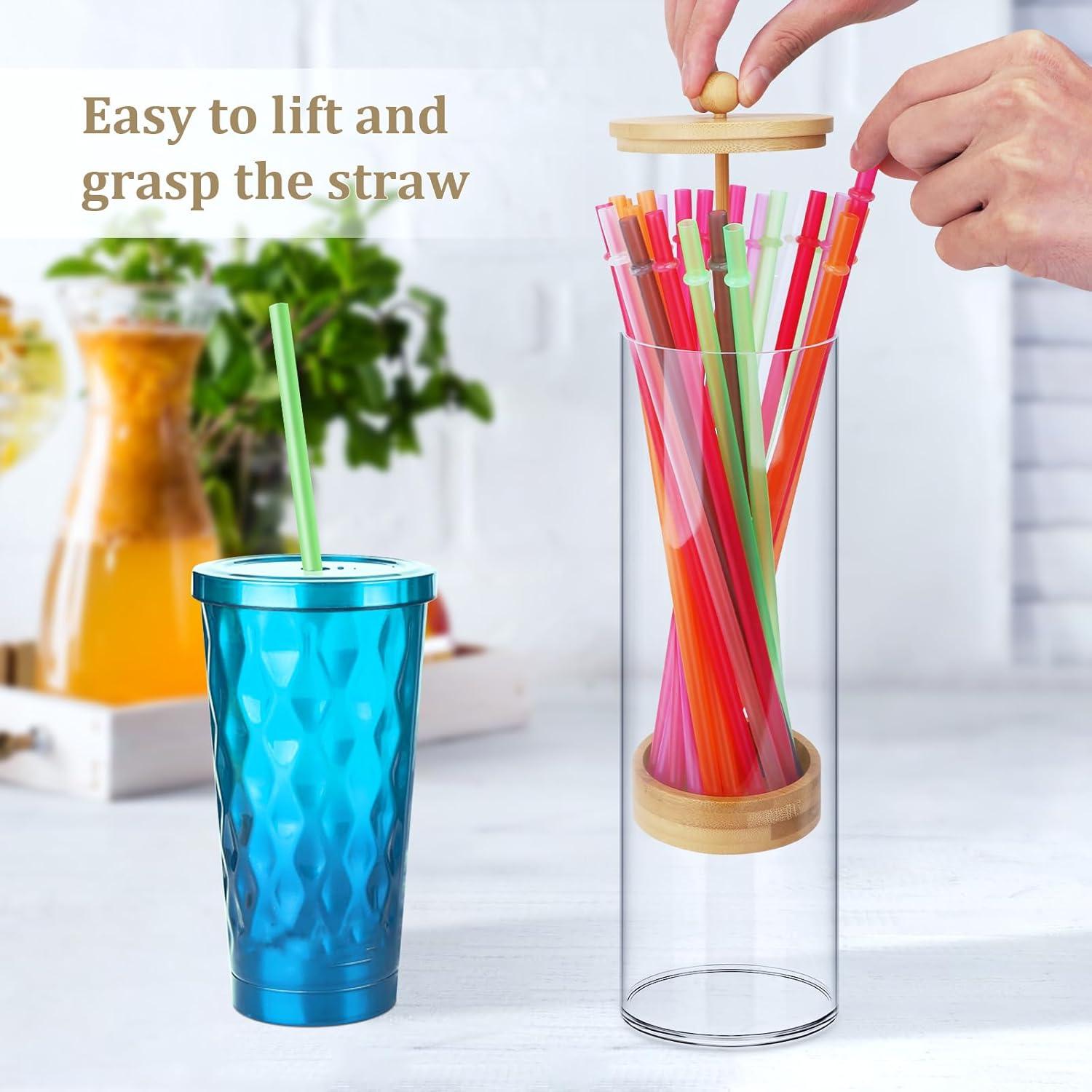 Dispensador de Pajitas Acrílico JYPS 33x8.9x8.9 cm con Tapa de Bambú