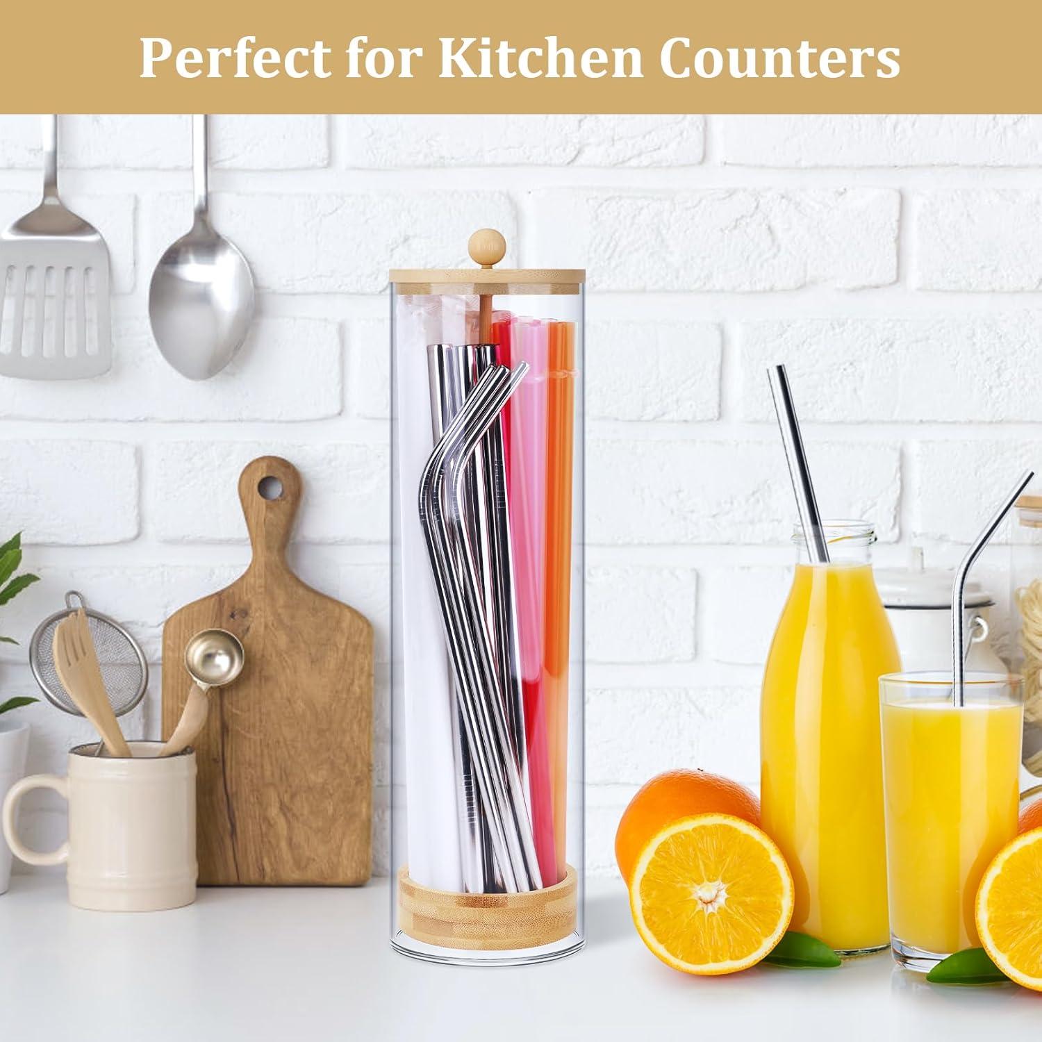 Dispensador de Pajitas Acrílico JYPS 33x8.9x8.9 cm con Tapa de Bambú