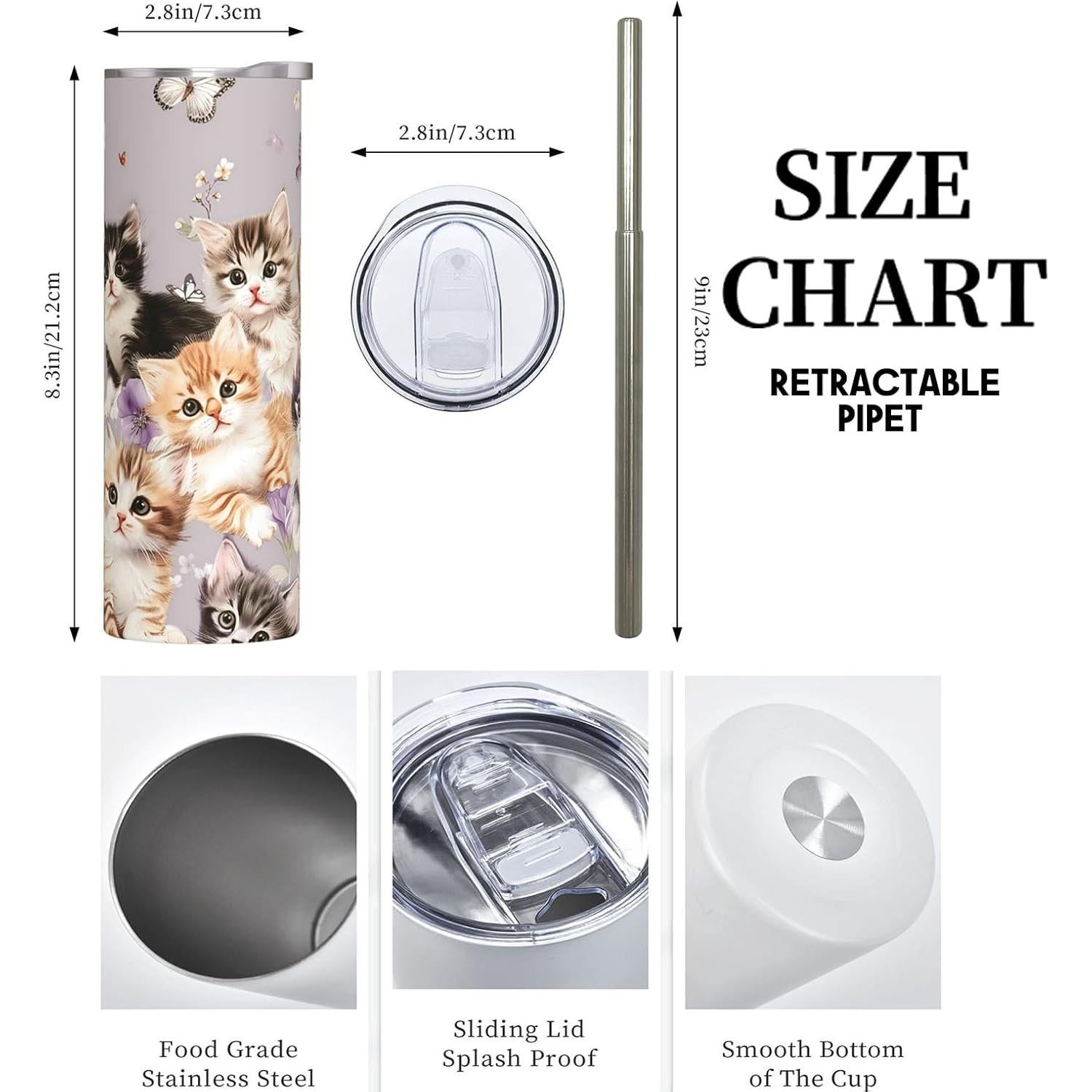 Taza Aislada de Acero Inoxidable amepay 20oz con Popote Gato