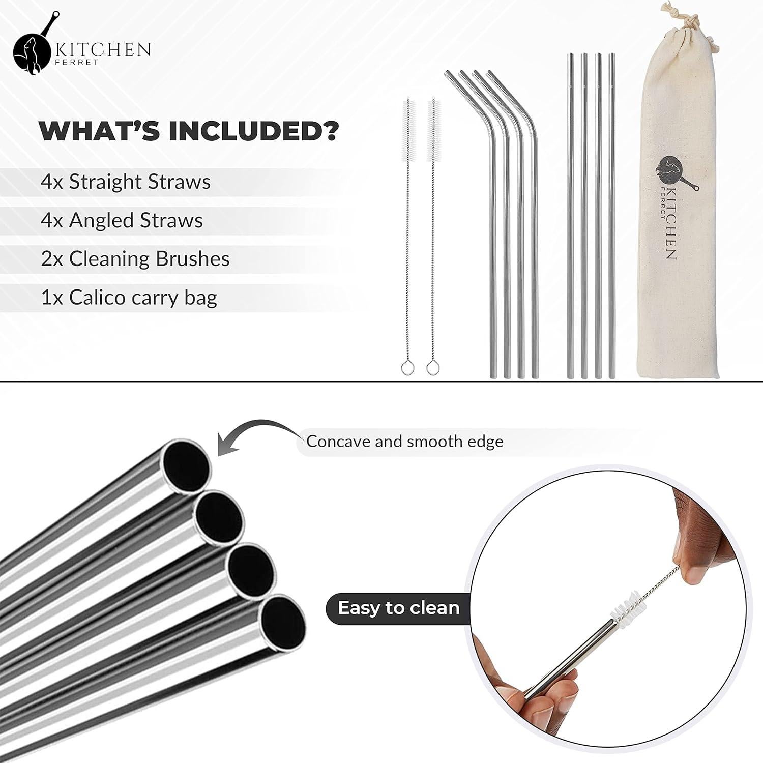 Juego de 8 Pajitas de Metal Cocina Ferret Reutilizables Plata