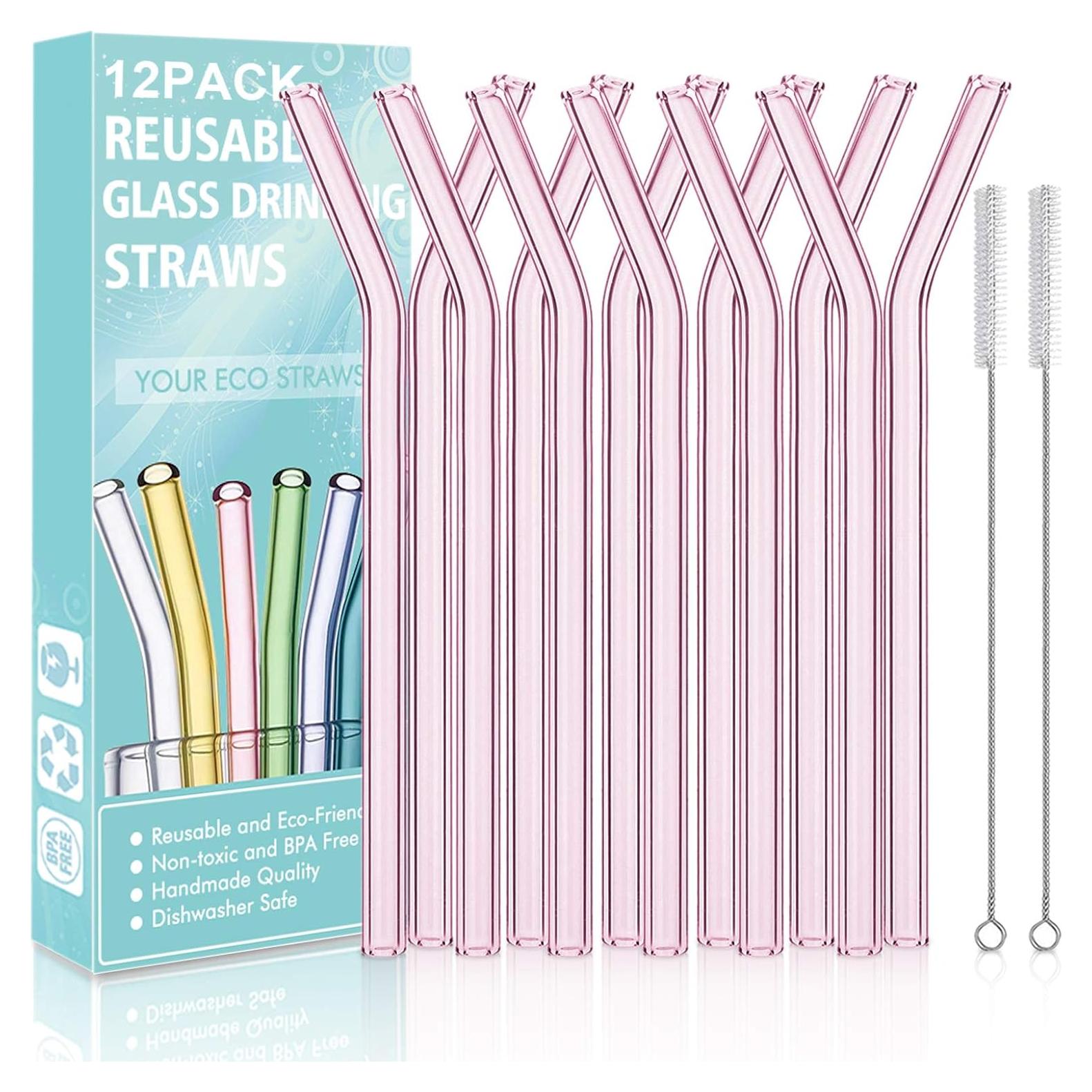 Popotes de Vidrio Reutilizables BOLLOVI 20 cm Set 12 Rosados