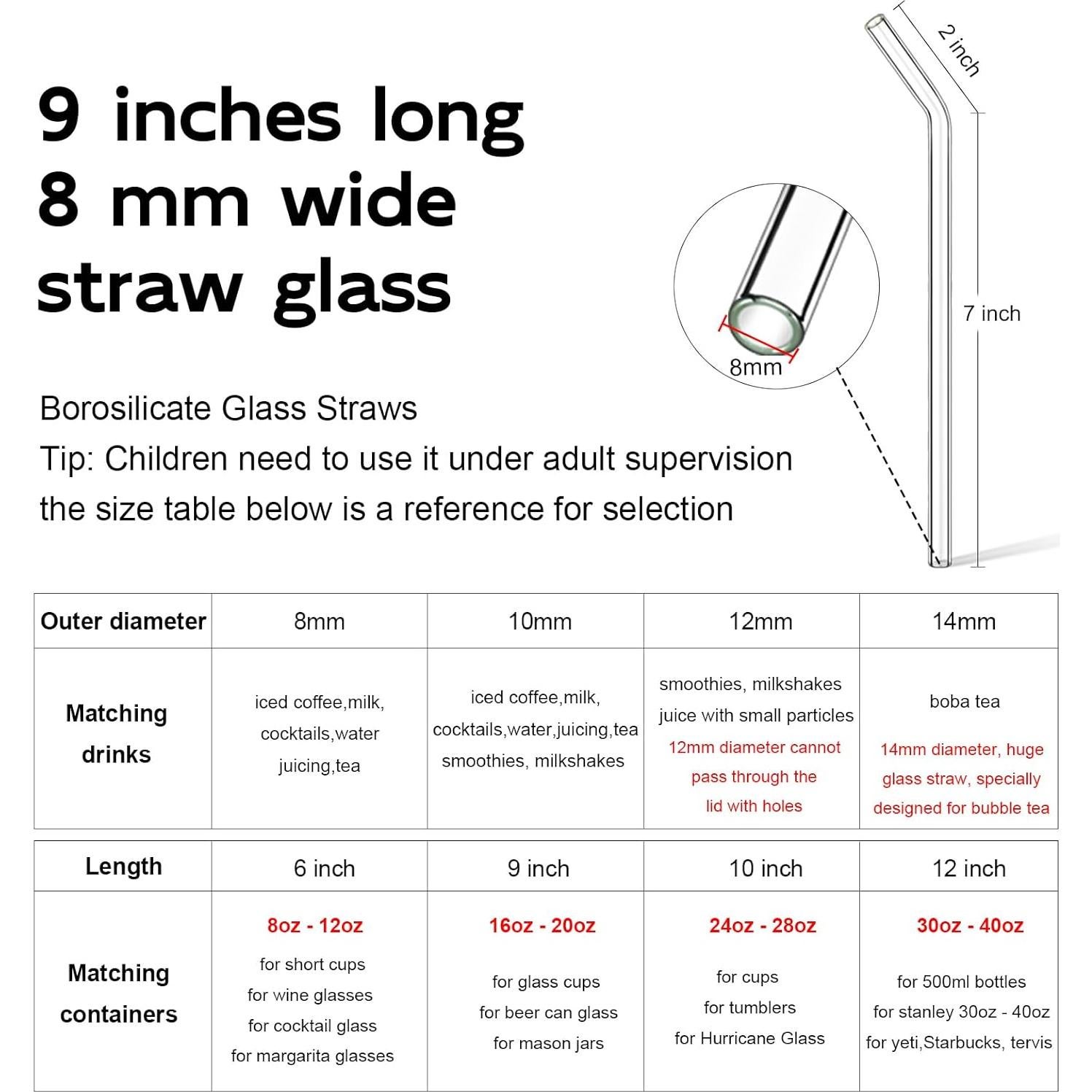 Popotes de vidrio LIFEHIM 9" (22.86 cm) 8mm reutilizables
