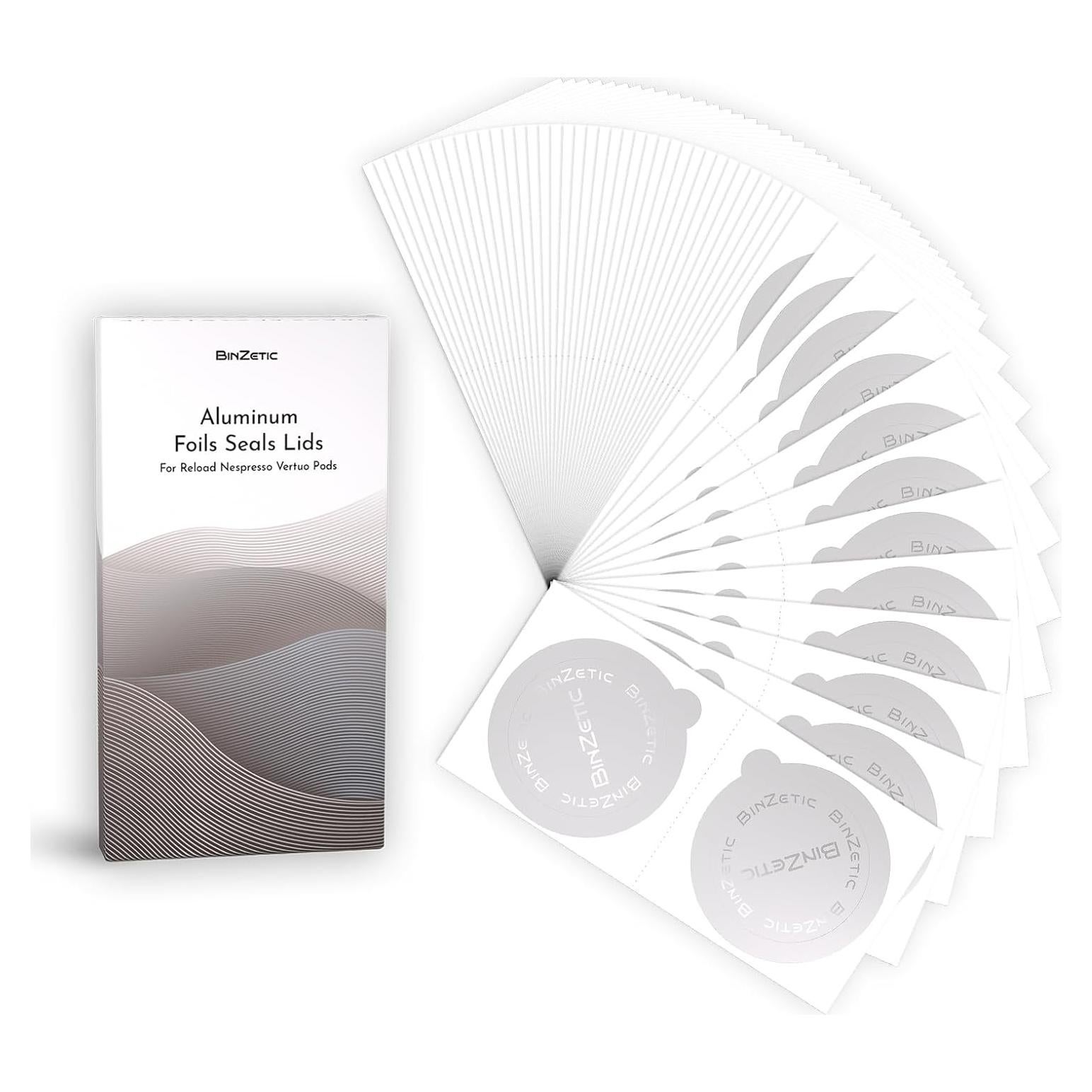 100 Tapas de Sellado Aluminio BinZetic para Nespresso Vertuo 62mm